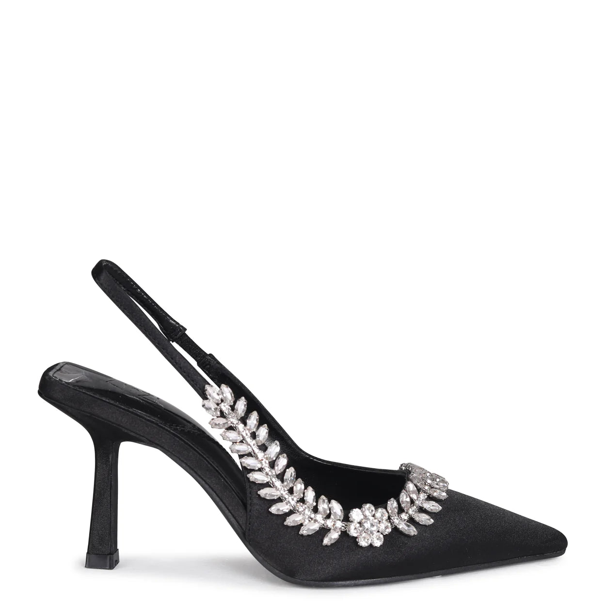 LINZI SATIN FINISH EMBELLISHED SLINGBACK HEELS IN BLACK