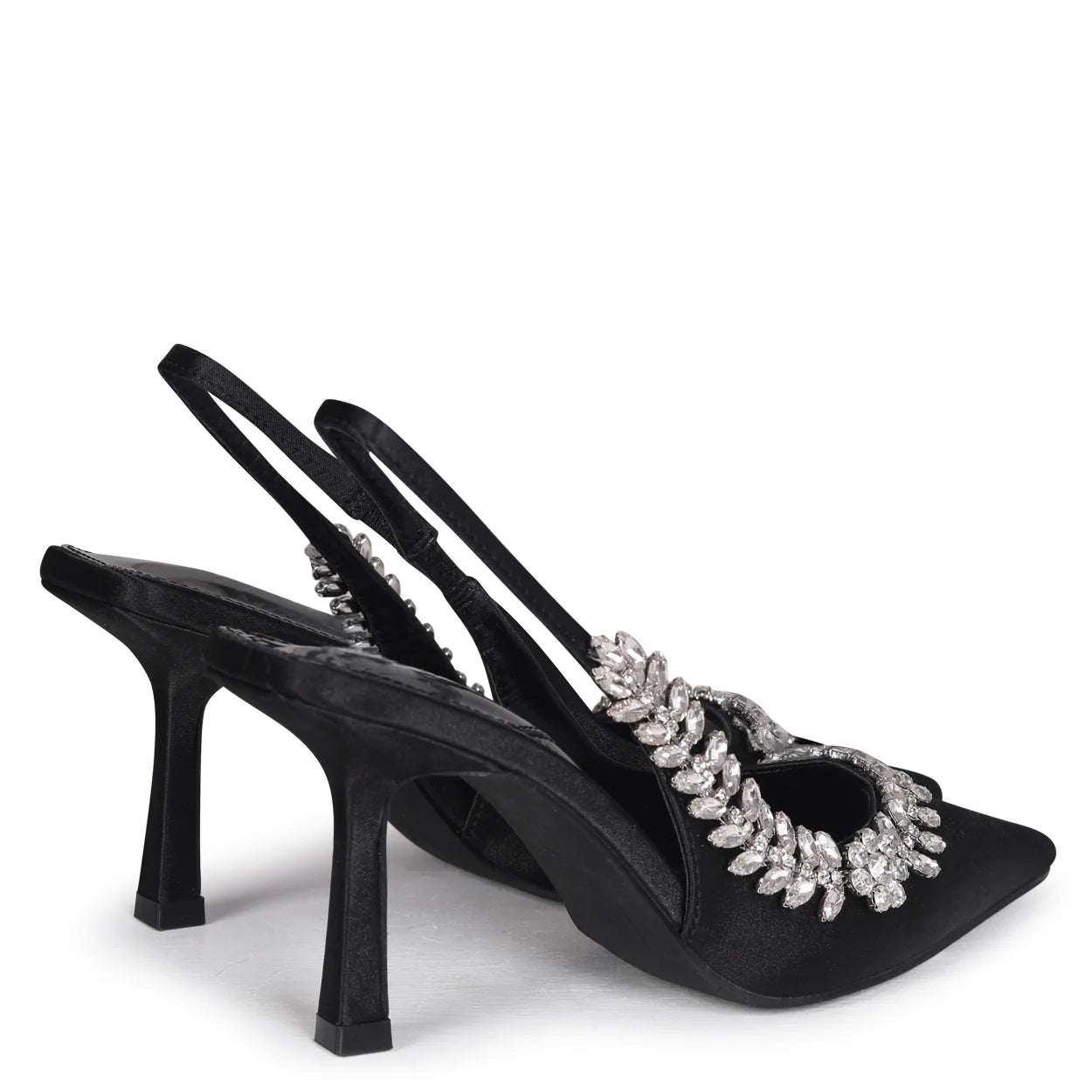 LINZI SATIN FINISH EMBELLISHED SLINGBACK HEELS IN BLACK