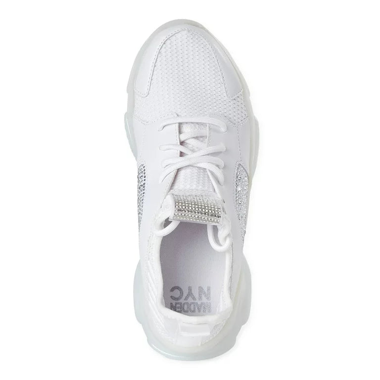 MADDEN NYC EMBELLISHED ELASTIC SNEAKERS IN WHITE