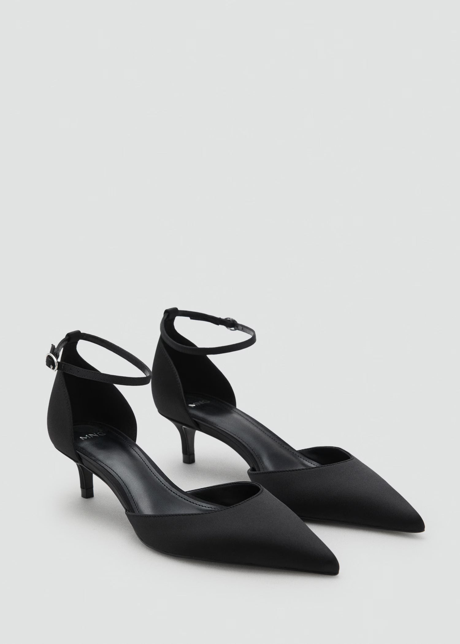 Mango Pointed Toe Ankle Strap Kitten Heel in Black