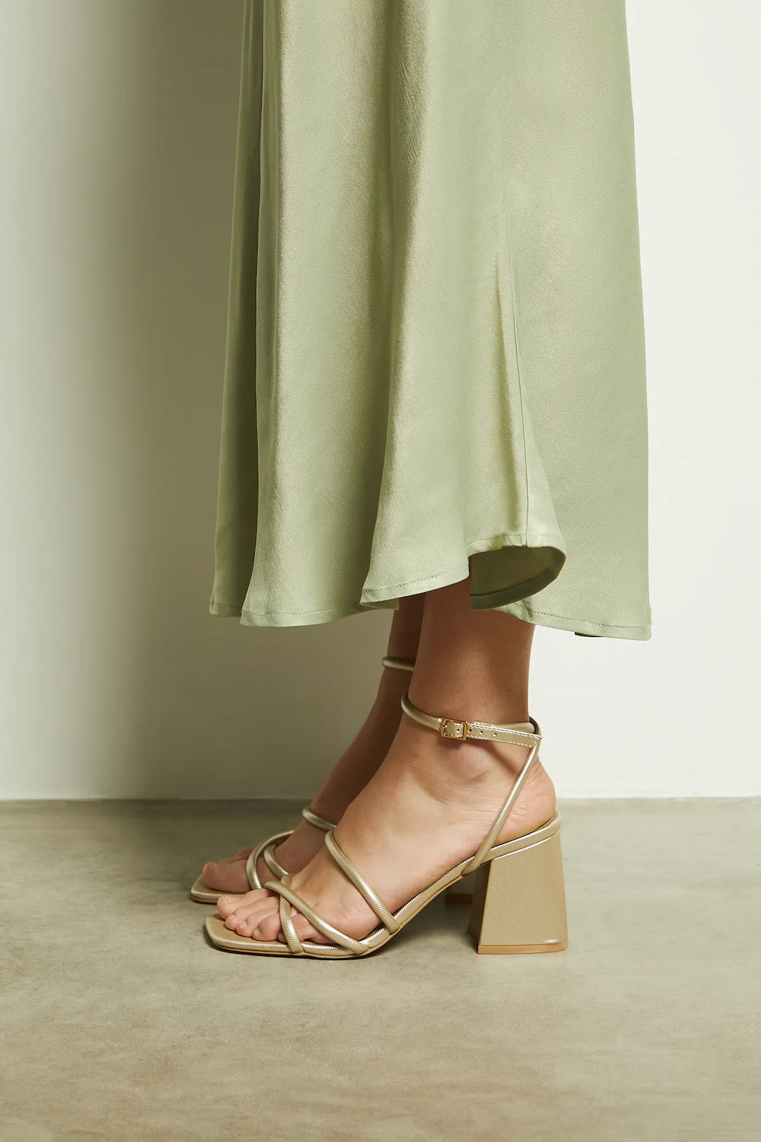 Medicine Strappy Block Heel Sandal in Gold