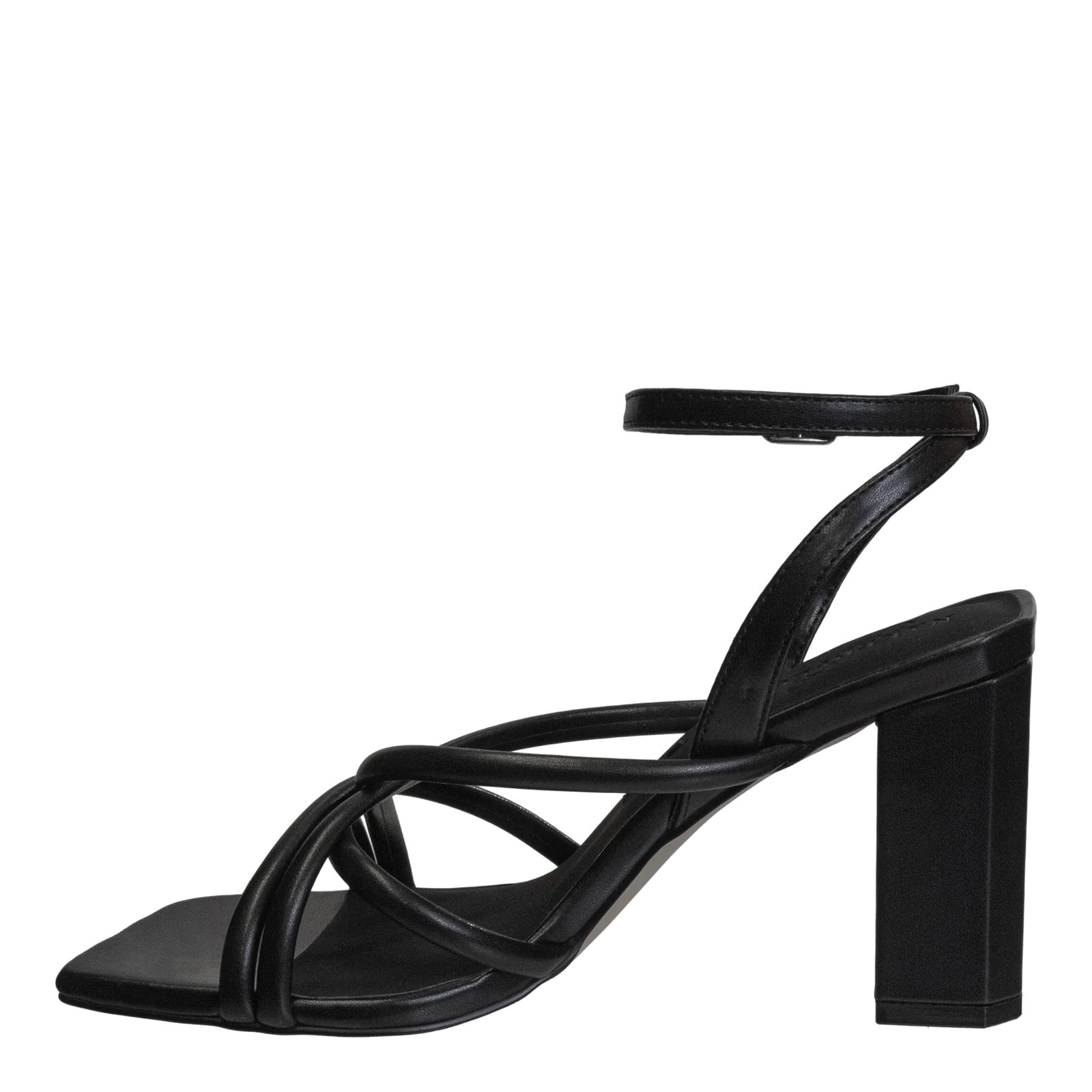 NAKEDFEET TUBE STRAPS BLOCK HEEL SANDAL IN BLACK