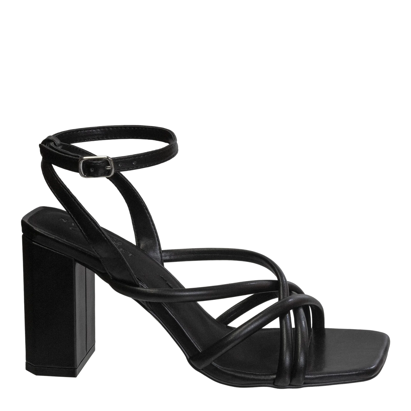 NAKEDFEET TUBE STRAPS BLOCK HEEL SANDAL IN BLACK