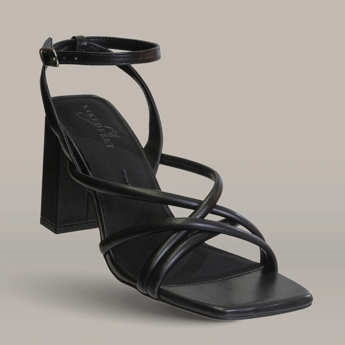 NAKEDFEET TUBE STRAPS BLOCK HEEL SANDAL IN BLACK