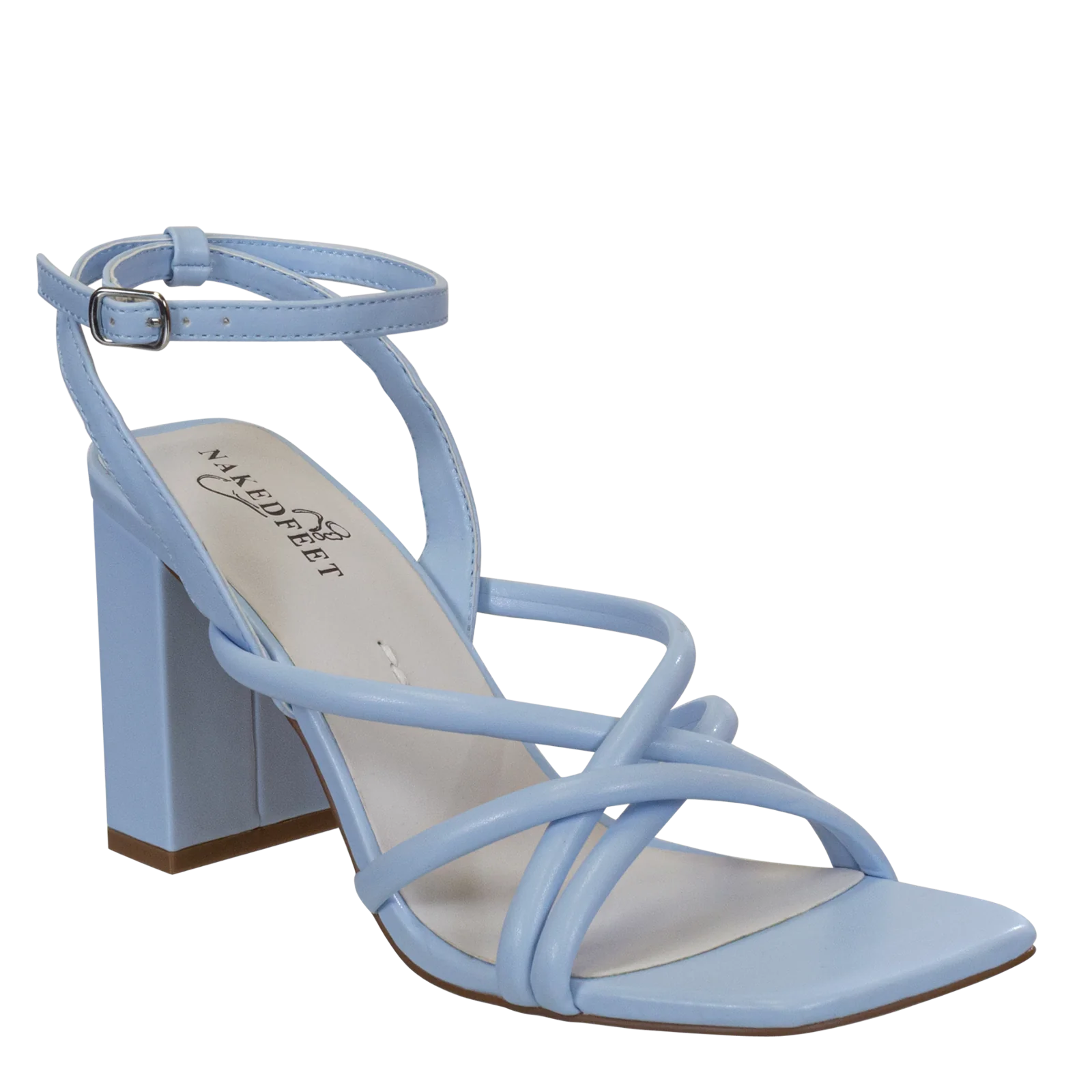 NAKEDFEET TUBE STRAPS BLOCK HEEL SANDAL IN BLUE