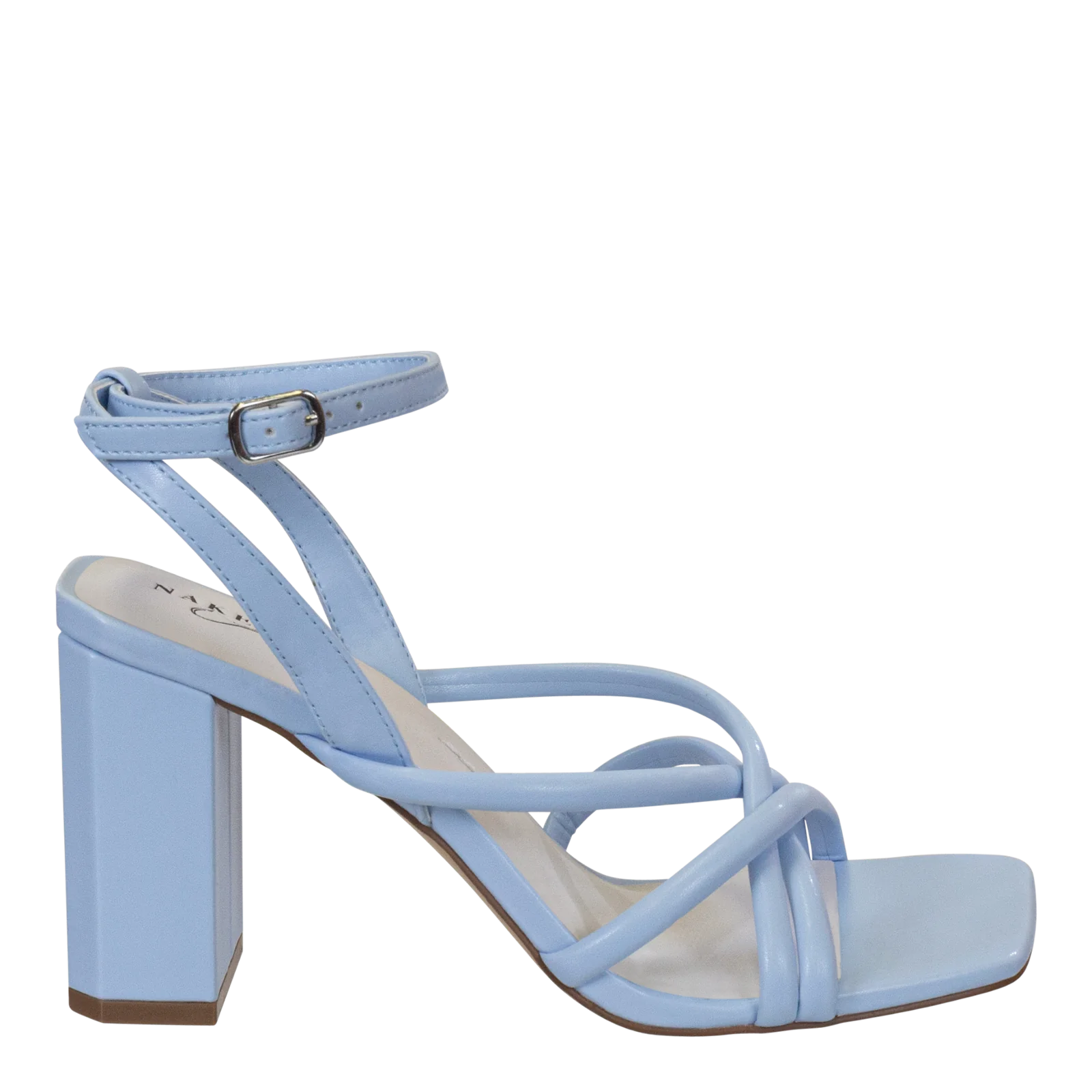 NAKEDFEET TUBE STRAPS BLOCK HEEL SANDAL IN BLUE