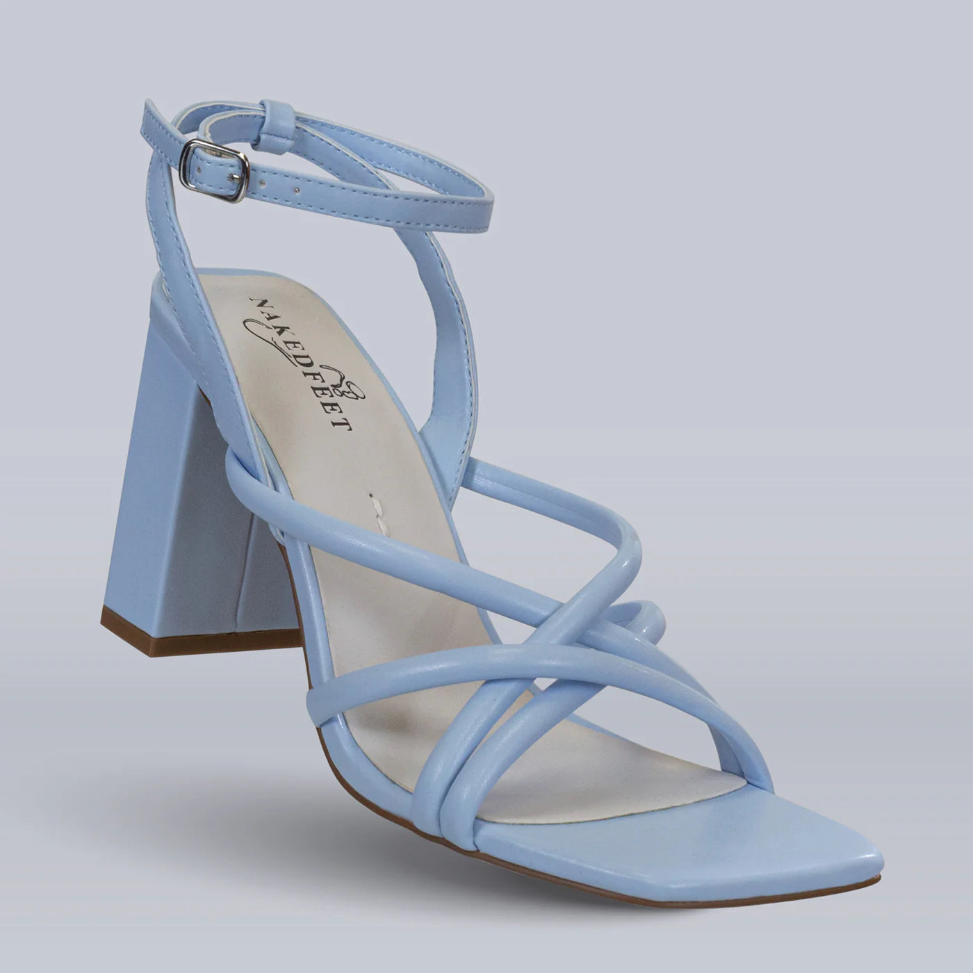 NAKEDFEET TUBE STRAPS BLOCK HEEL SANDAL IN BLUE