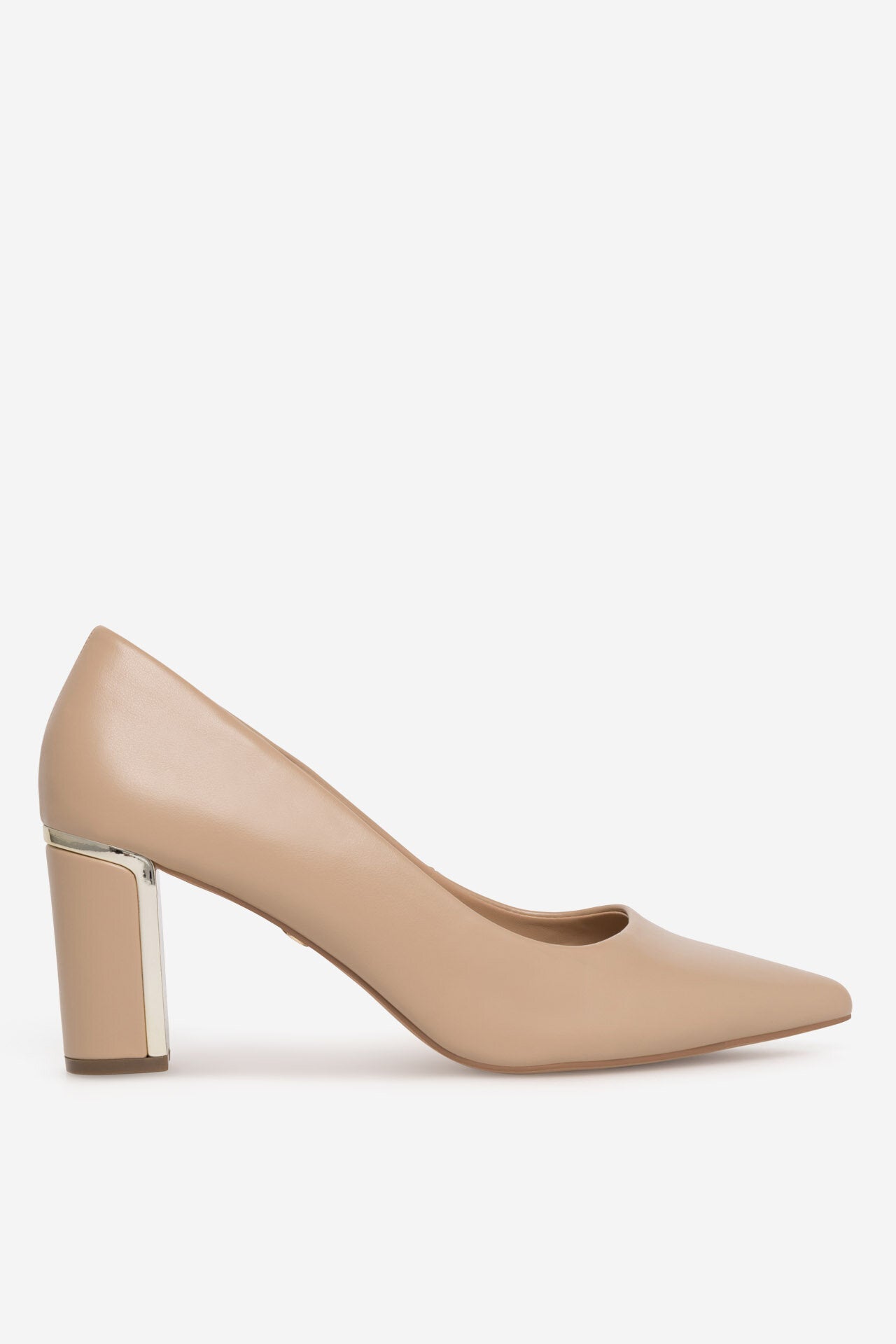 NINE WEST LEATHER BLOCK HEEL PUMP IN NUDE