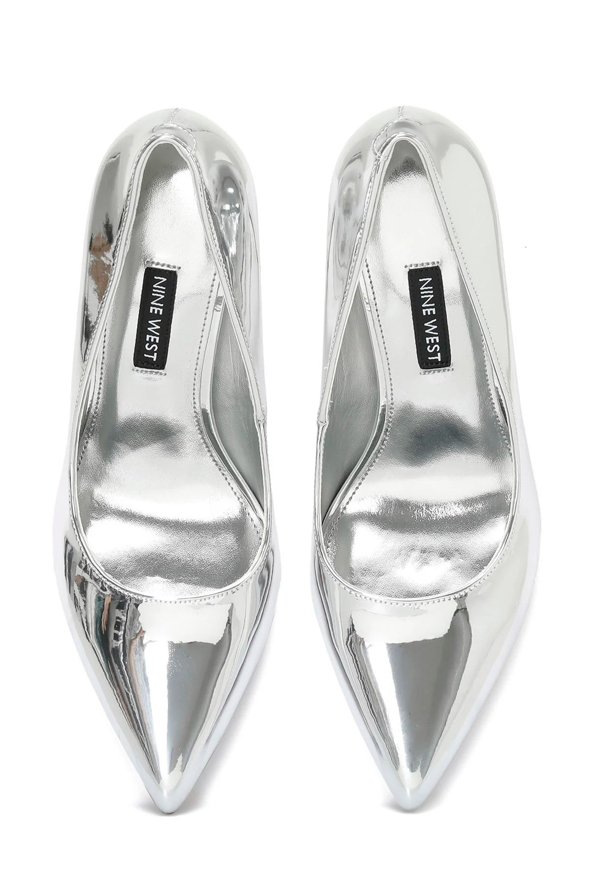 NINE WEST METALLIC POINTED TOE PUMP IN SILVER