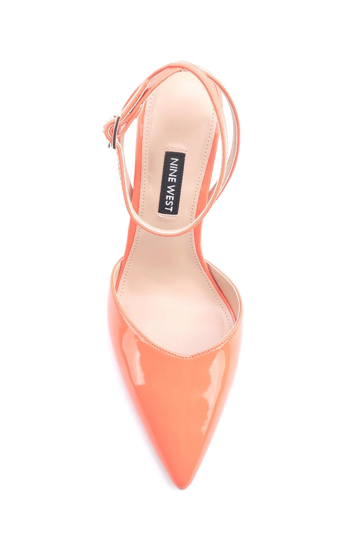 NINE WEST POINTED PATENT LEATHER TOE ANKLE WRAP HEELS IN ORANGE