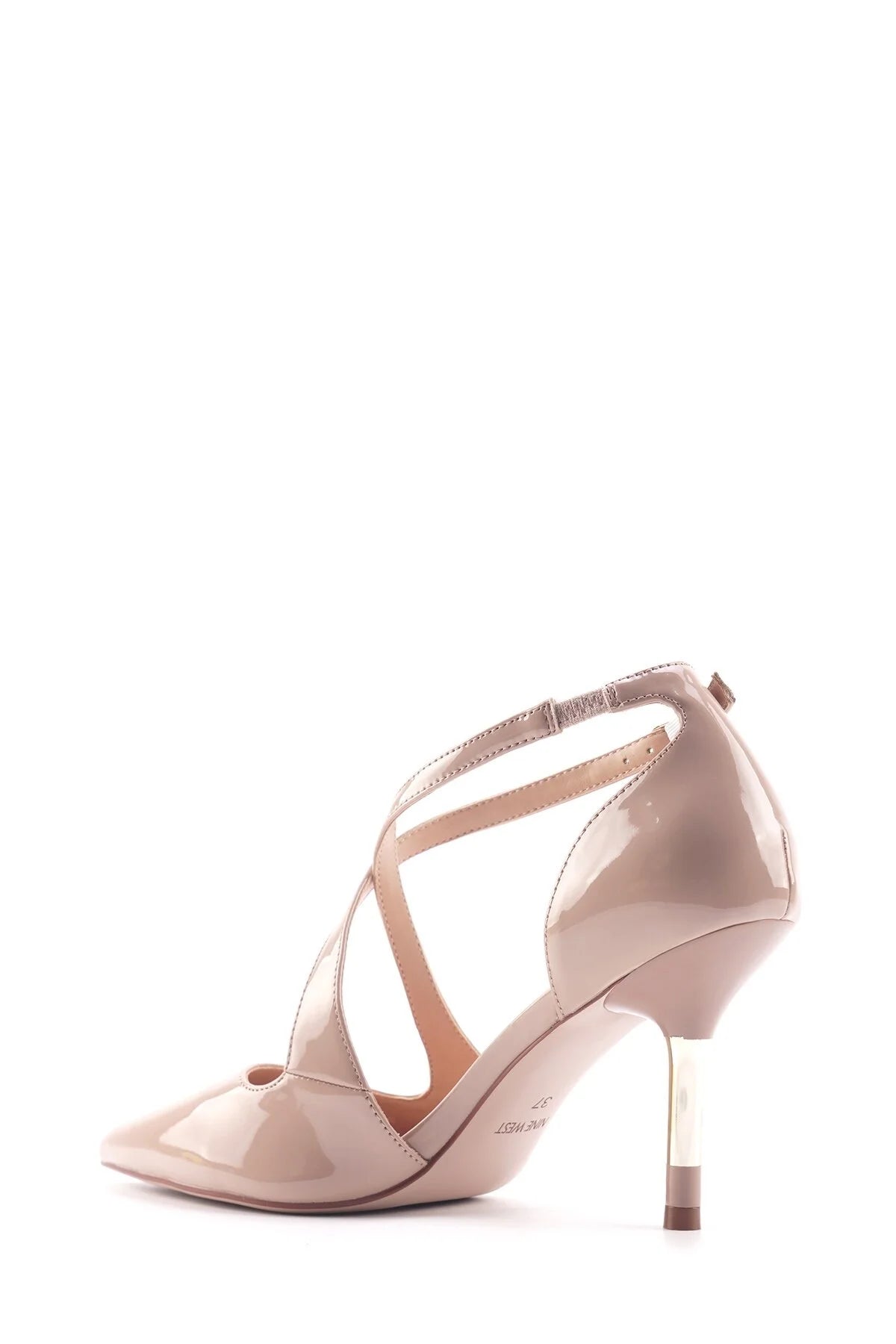 NINE WEST POINTED TOE PATENT LEATHER CROSS-STRAP HEELS IN NUDE