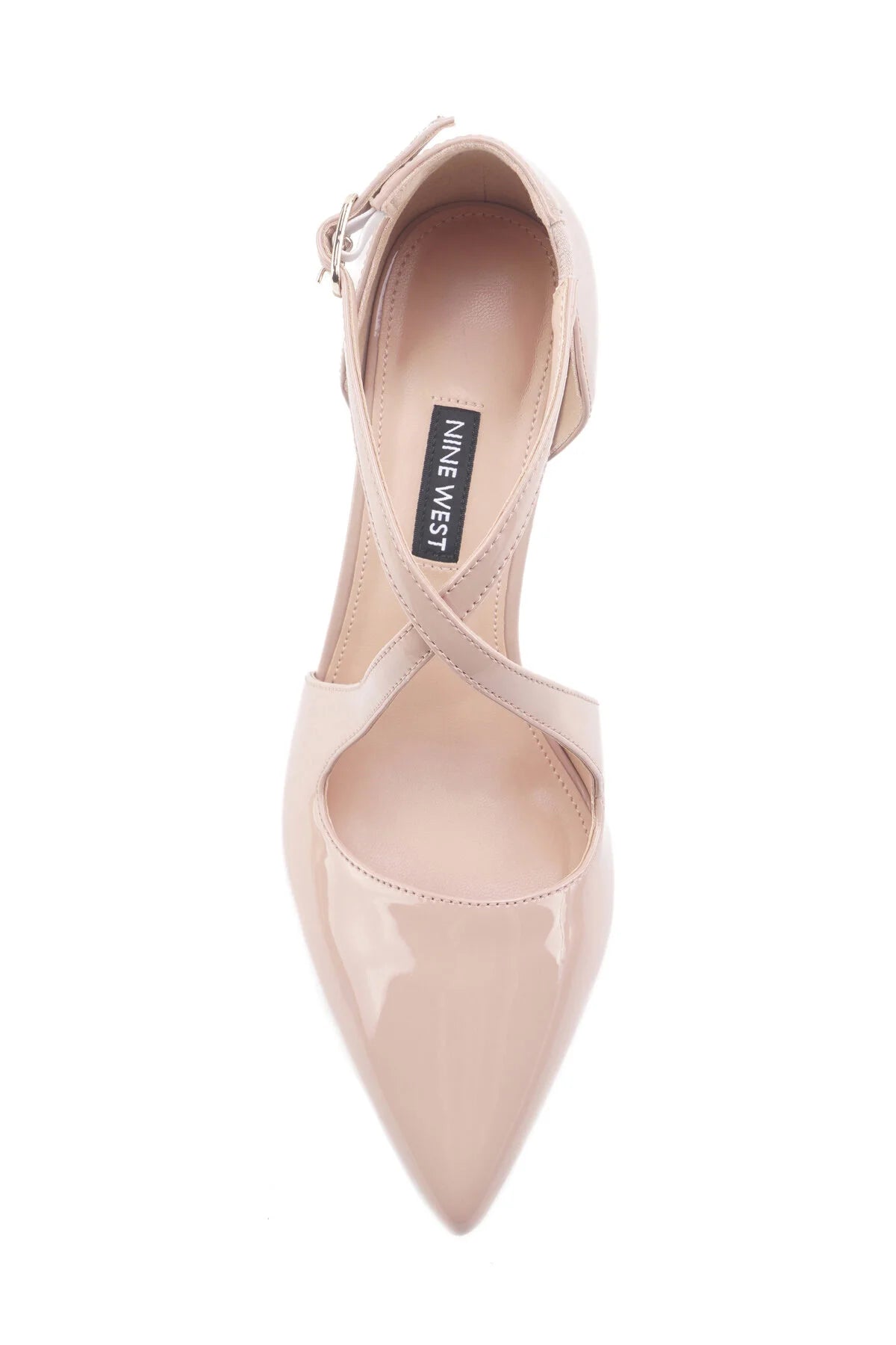 NINE WEST POINTED TOE PATENT LEATHER CROSS-STRAP HEELS IN NUDE