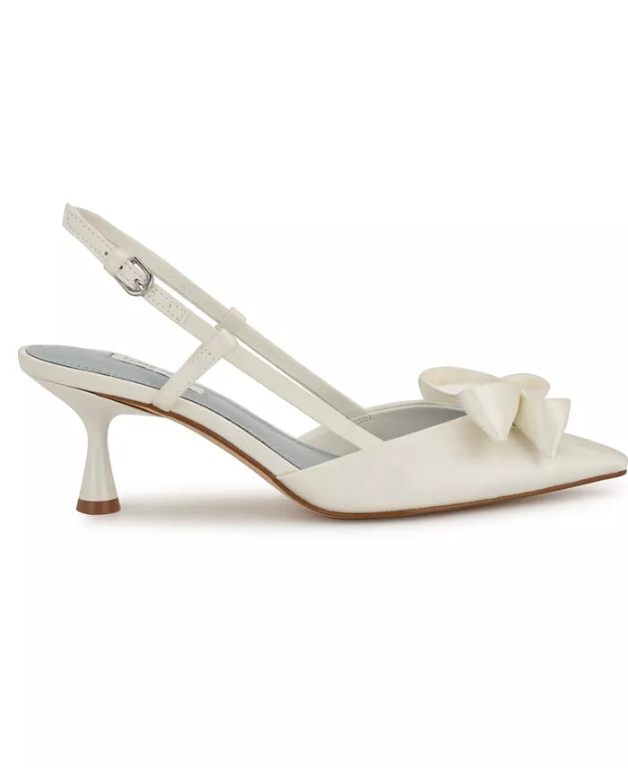 Nine West Bow-Detail Leather Pointed Slingbacks in Satin Ivory