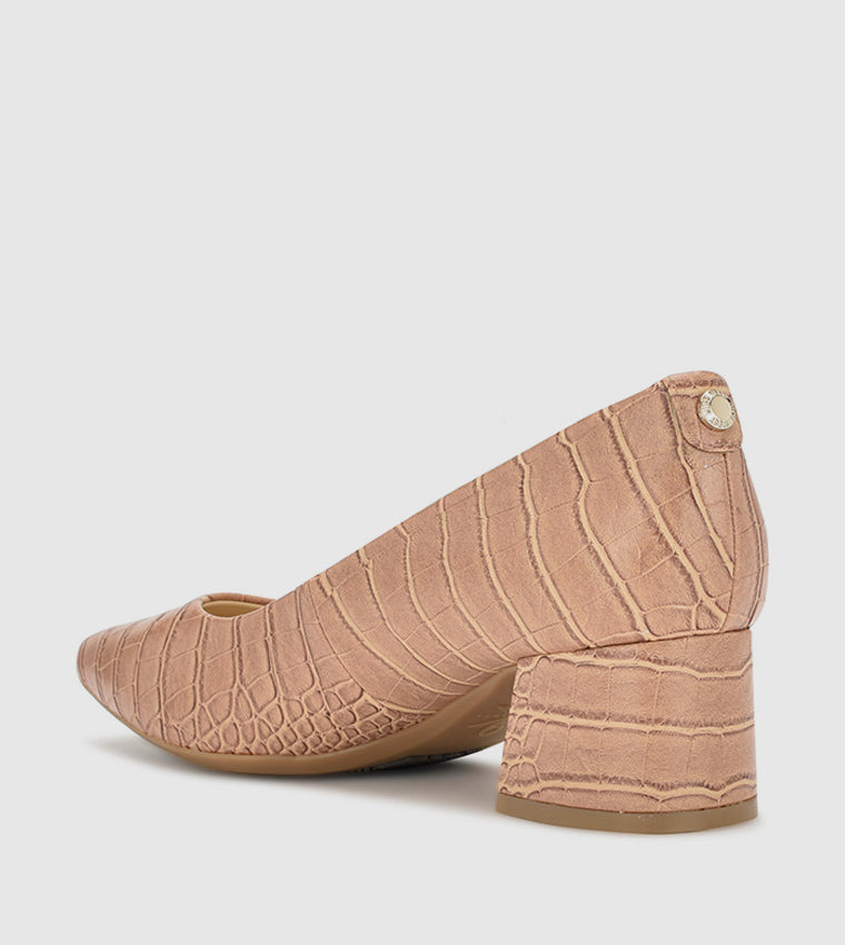 Nine West Faux Croc Leather Block Heel Pump in Brown