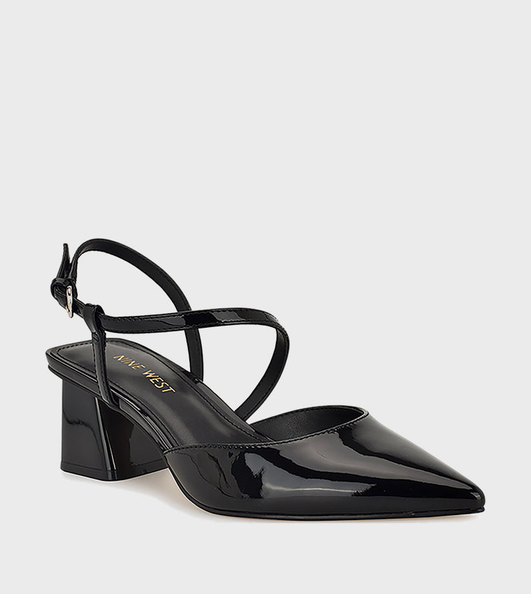 Nine West Patent Leather Pointed Toe Slingback Block Heel in Black