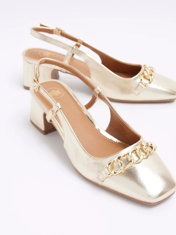 River Island Metallic Block Heel Shoes in Gold