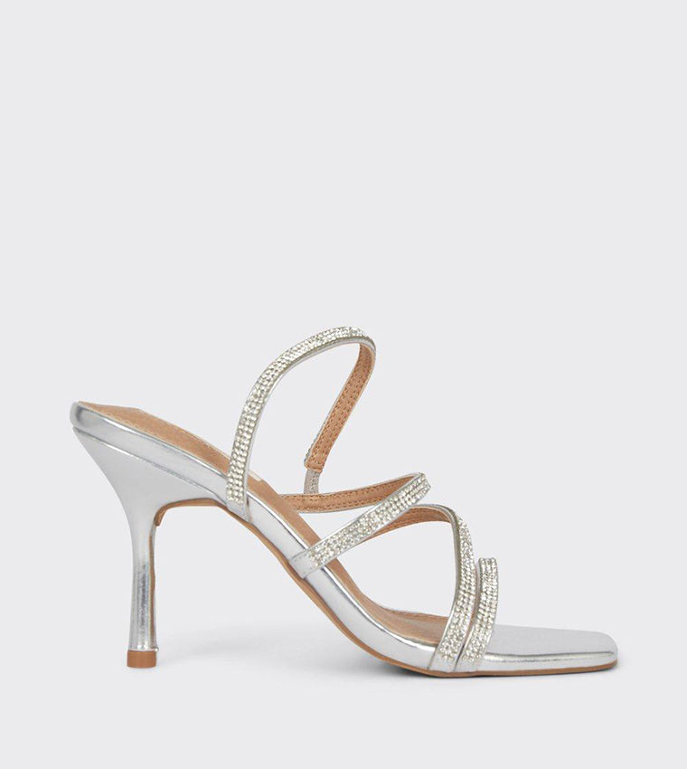 SHOWCASE EMBELLISHED STRAP HEELED SANDAL IN SILVER