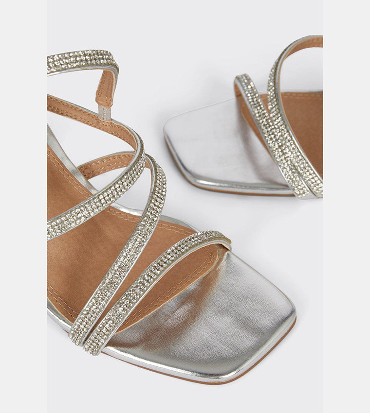 SHOWCASE EMBELLISHED STRAP HEELED SANDAL IN SILVER