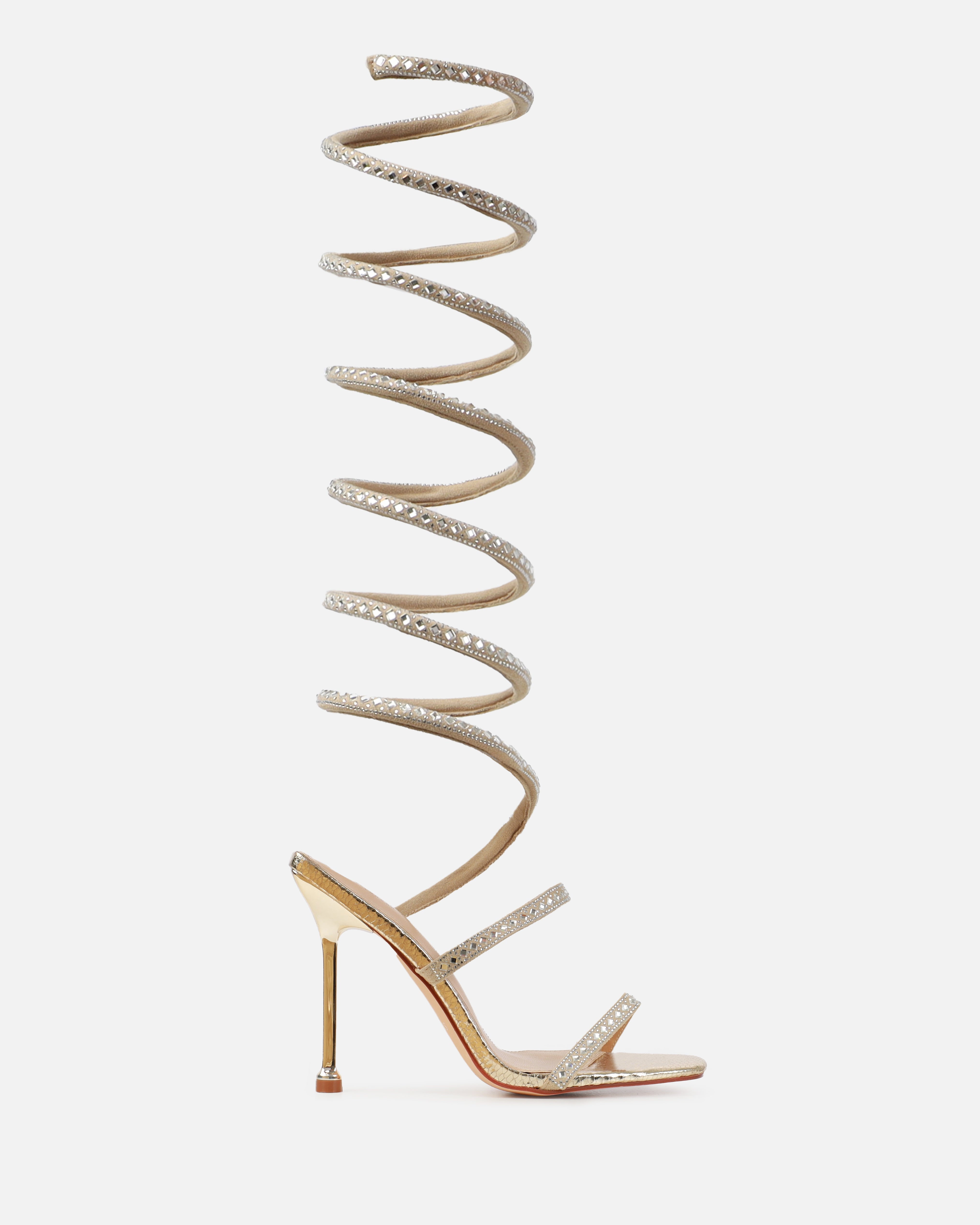 SIMMI SPIRAL WRAP-AROUND HEELED SANDAL IN GOLD