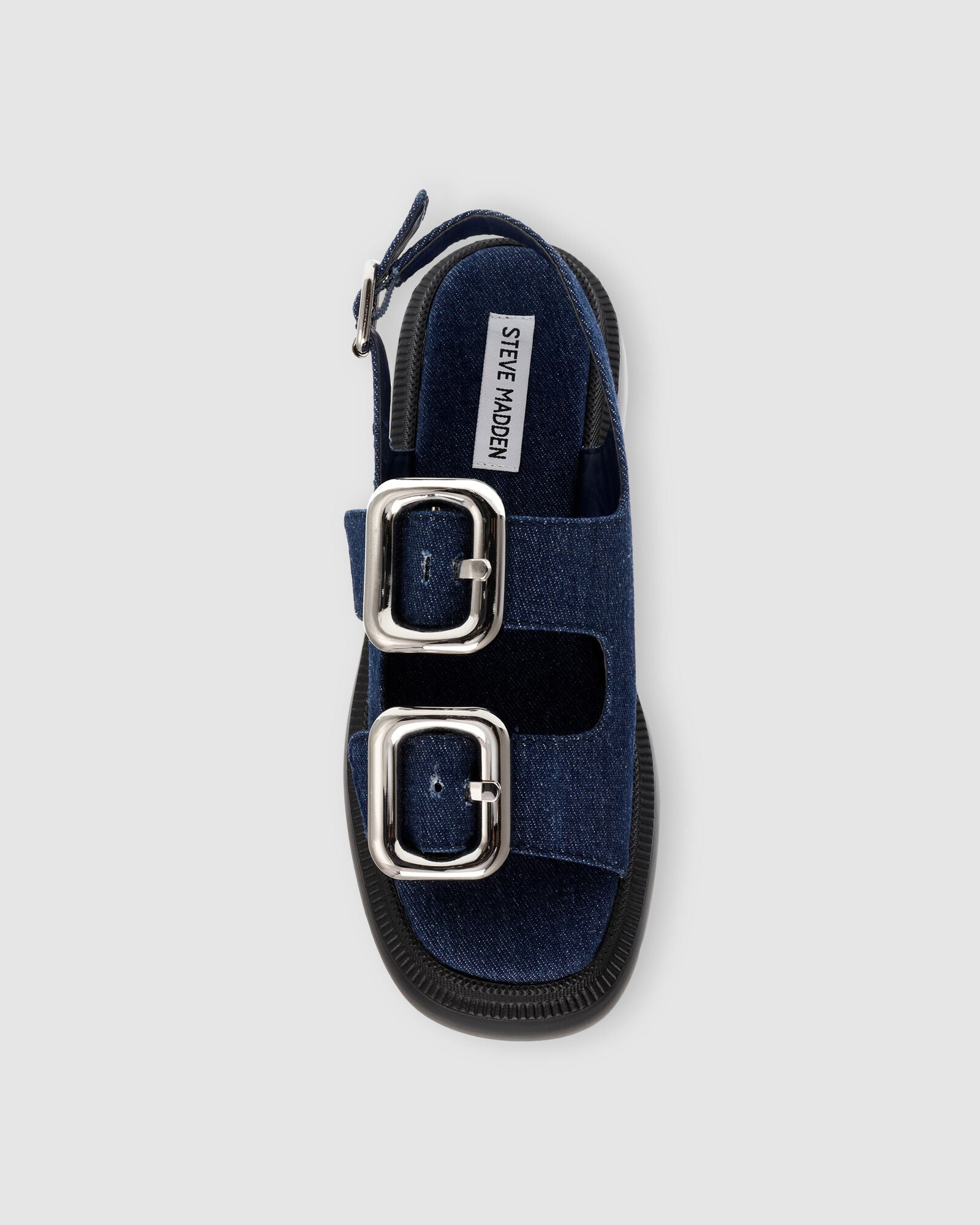 STEVE MADDEN BUCKLE DETAIL DENIM CHUNKY SANDAL IN BLUE