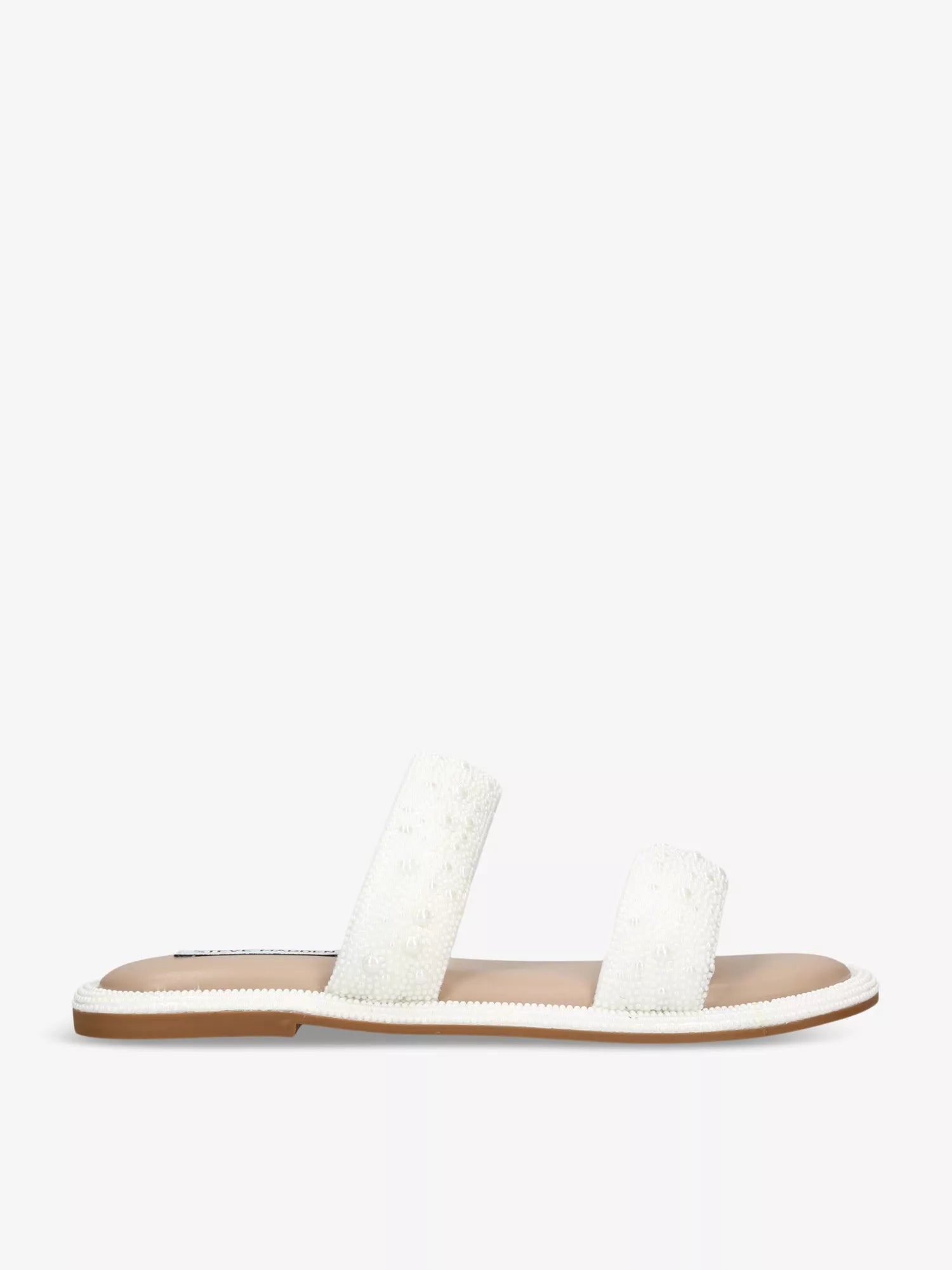 STEVE MADDEN DOUBLE STRAP PEARL EMBELLISHED SANDAL IN WHITE