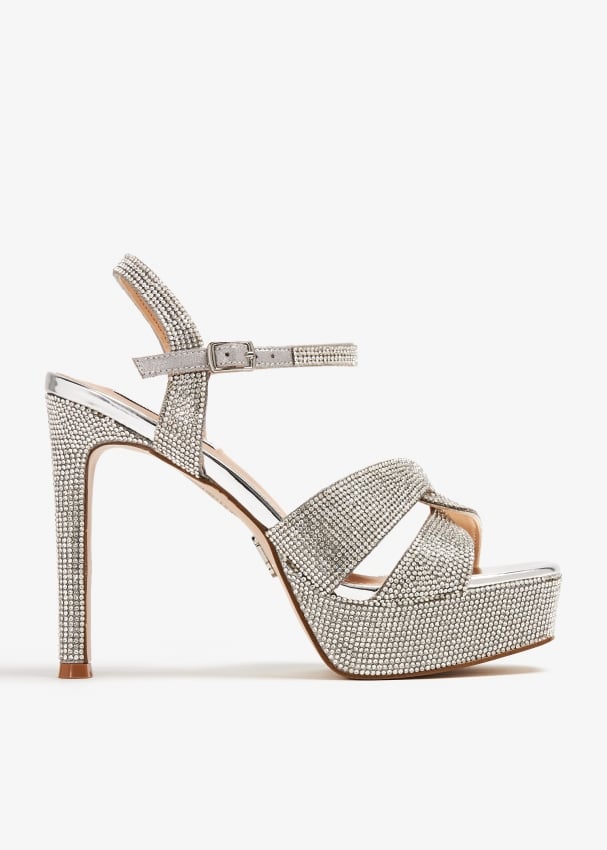 STEVE MADDEN FULLY EMBELLISHED PLATFORM STILETTO HEEL SANDALS IN SILVER