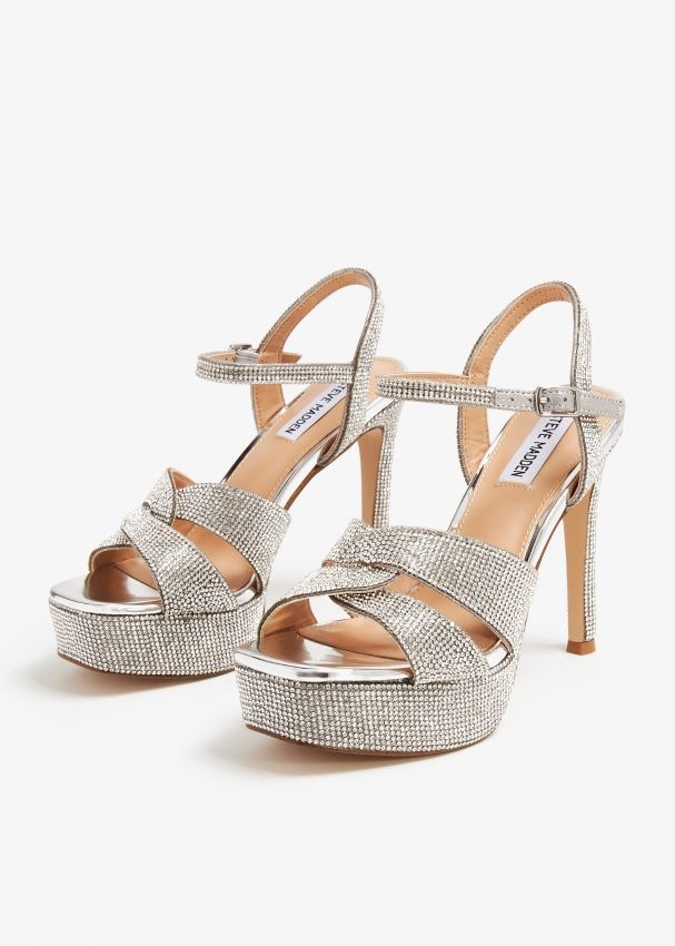 STEVE MADDEN FULLY EMBELLISHED PLATFORM STILETTO HEEL SANDALS IN SILVER