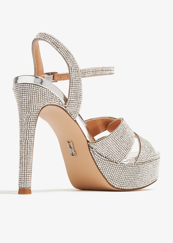 STEVE MADDEN FULLY EMBELLISHED PLATFORM STILETTO HEEL SANDALS IN SILVER