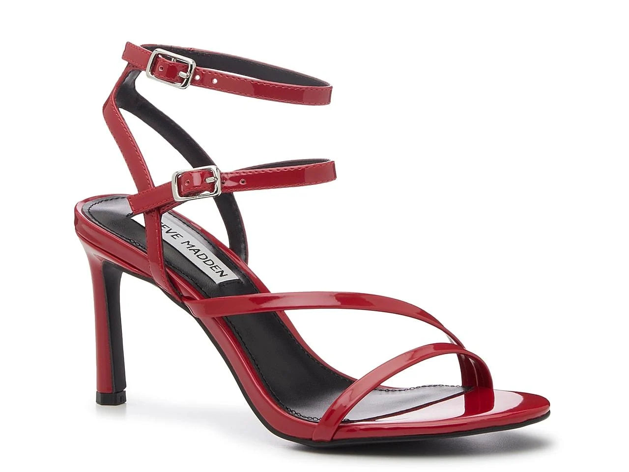 STEVE MADDEN PATENT LEATHER STRAPPY HEELED SANDAL IN WINE