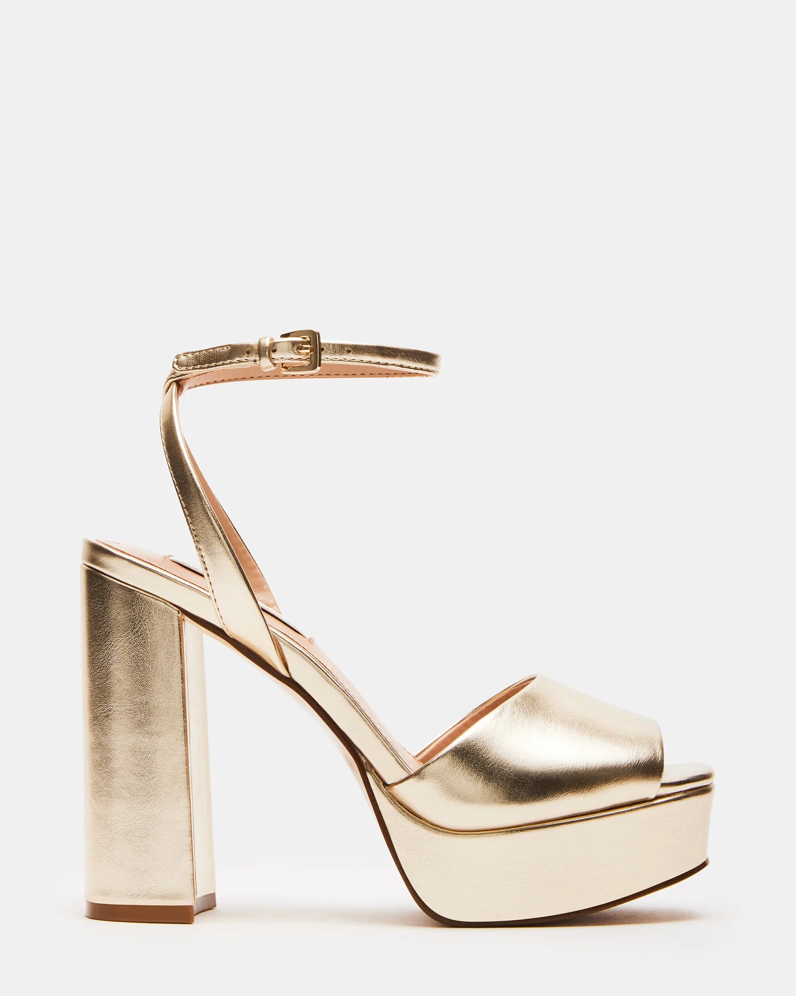 STEVE MADDEN PLATFORM ANKLE STRAP BLOCK HEEL SANDAL IN GOLD