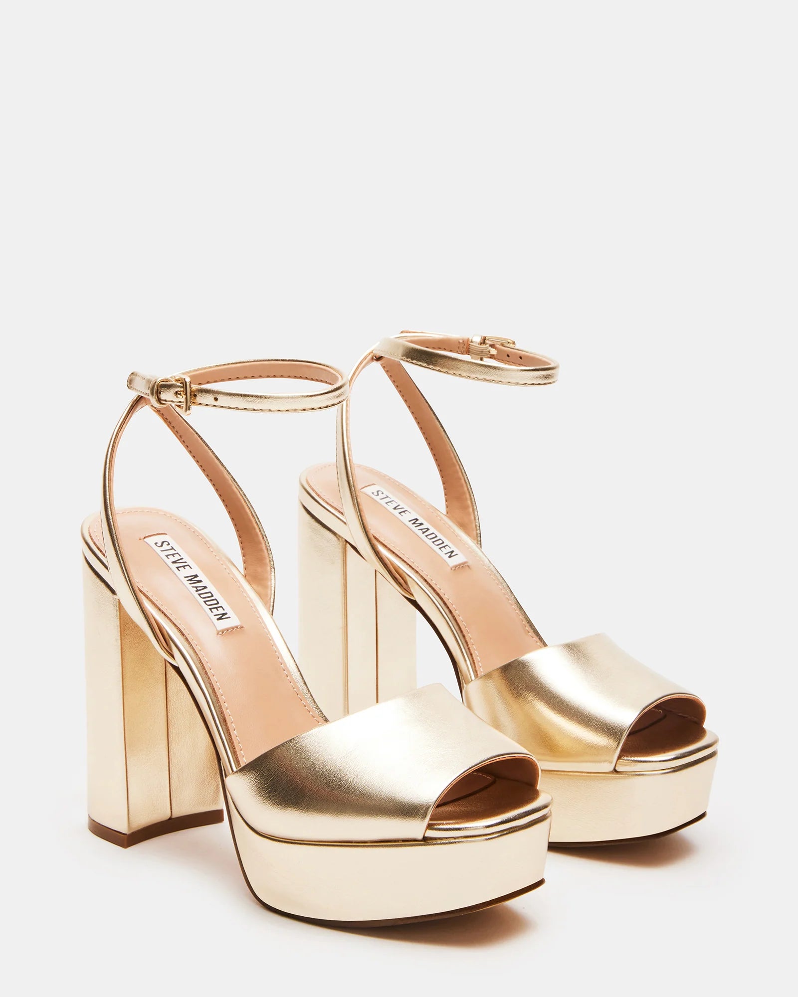 STEVE MADDEN PLATFORM ANKLE STRAP BLOCK HEEL SANDAL IN GOLD