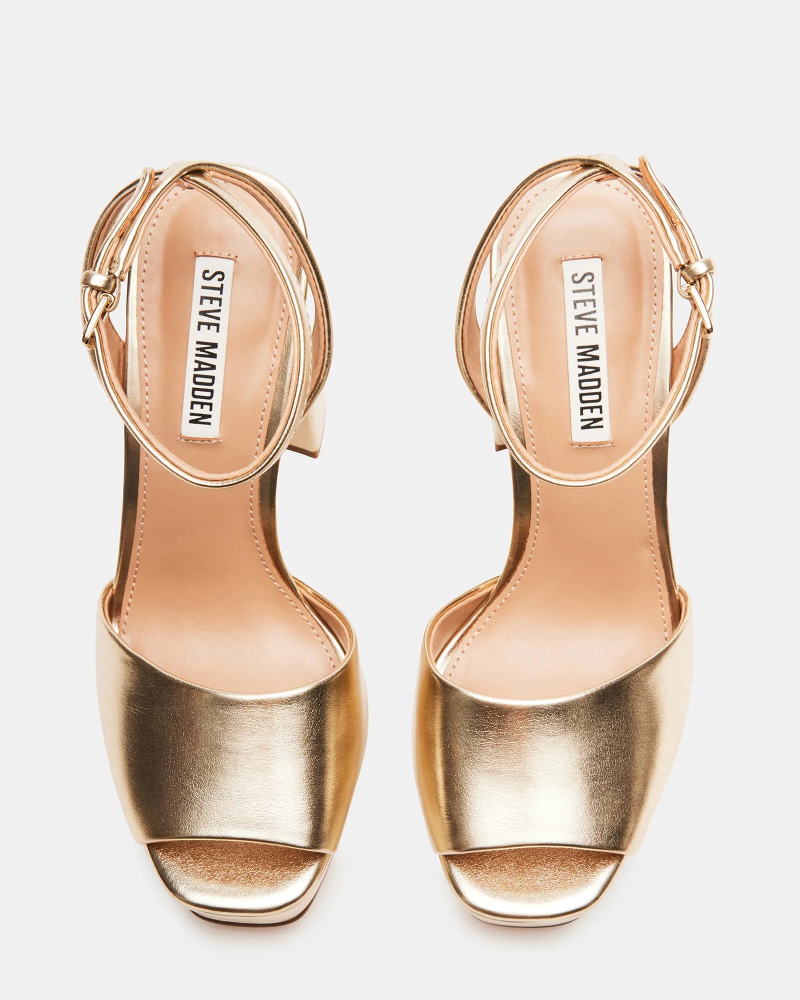 STEVE MADDEN PLATFORM ANKLE STRAP BLOCK HEEL SANDAL IN GOLD