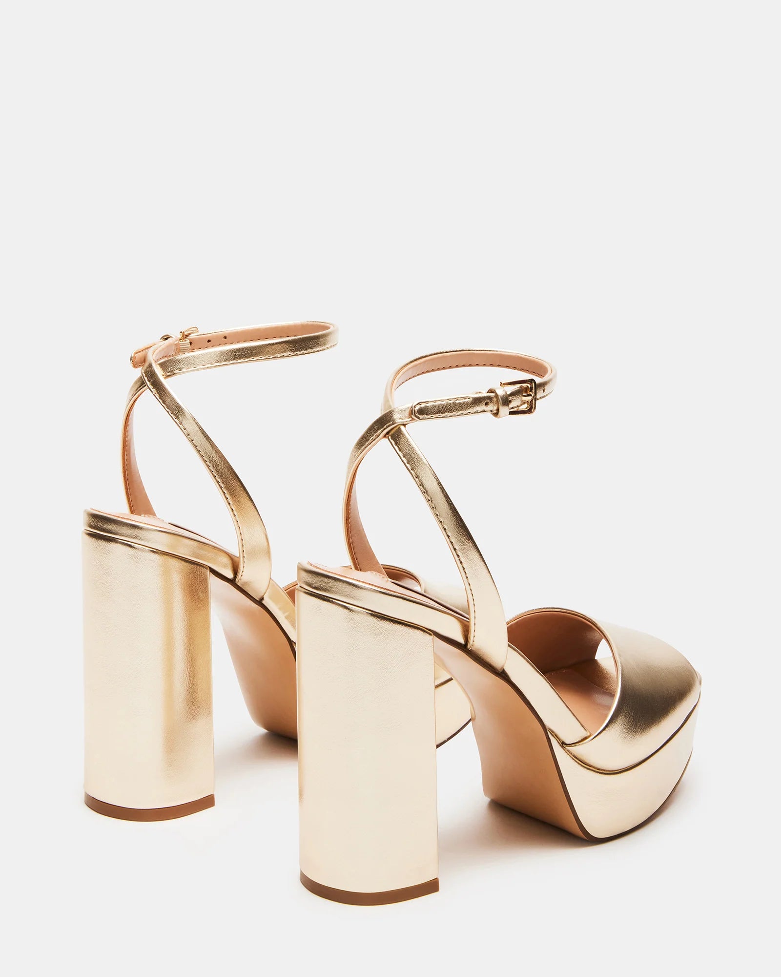 STEVE MADDEN PLATFORM ANKLE STRAP BLOCK HEEL SANDAL IN GOLD