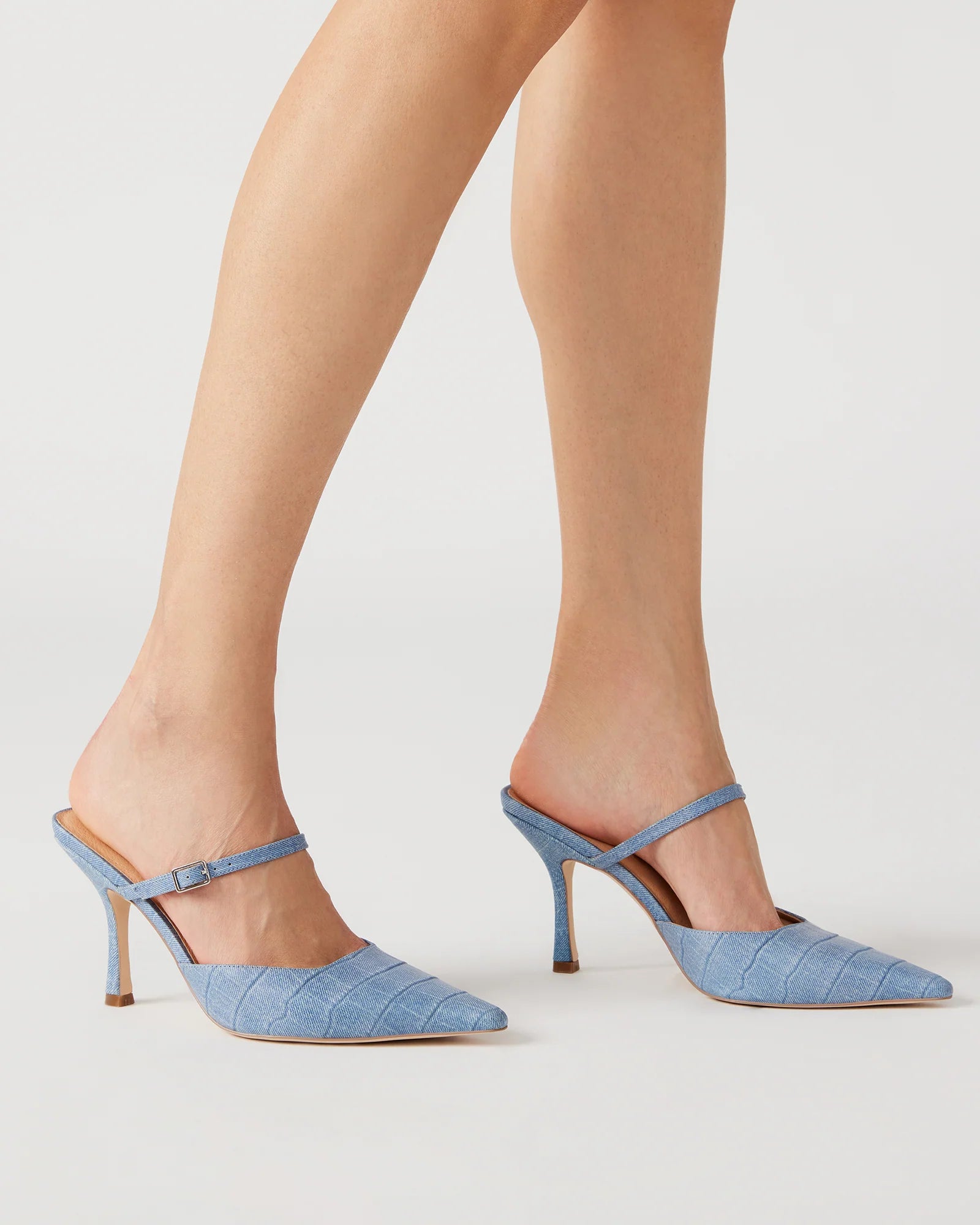 STEVE MADDEN POINTED TOE DENIM-ILLUSION HEELS IN BLUE