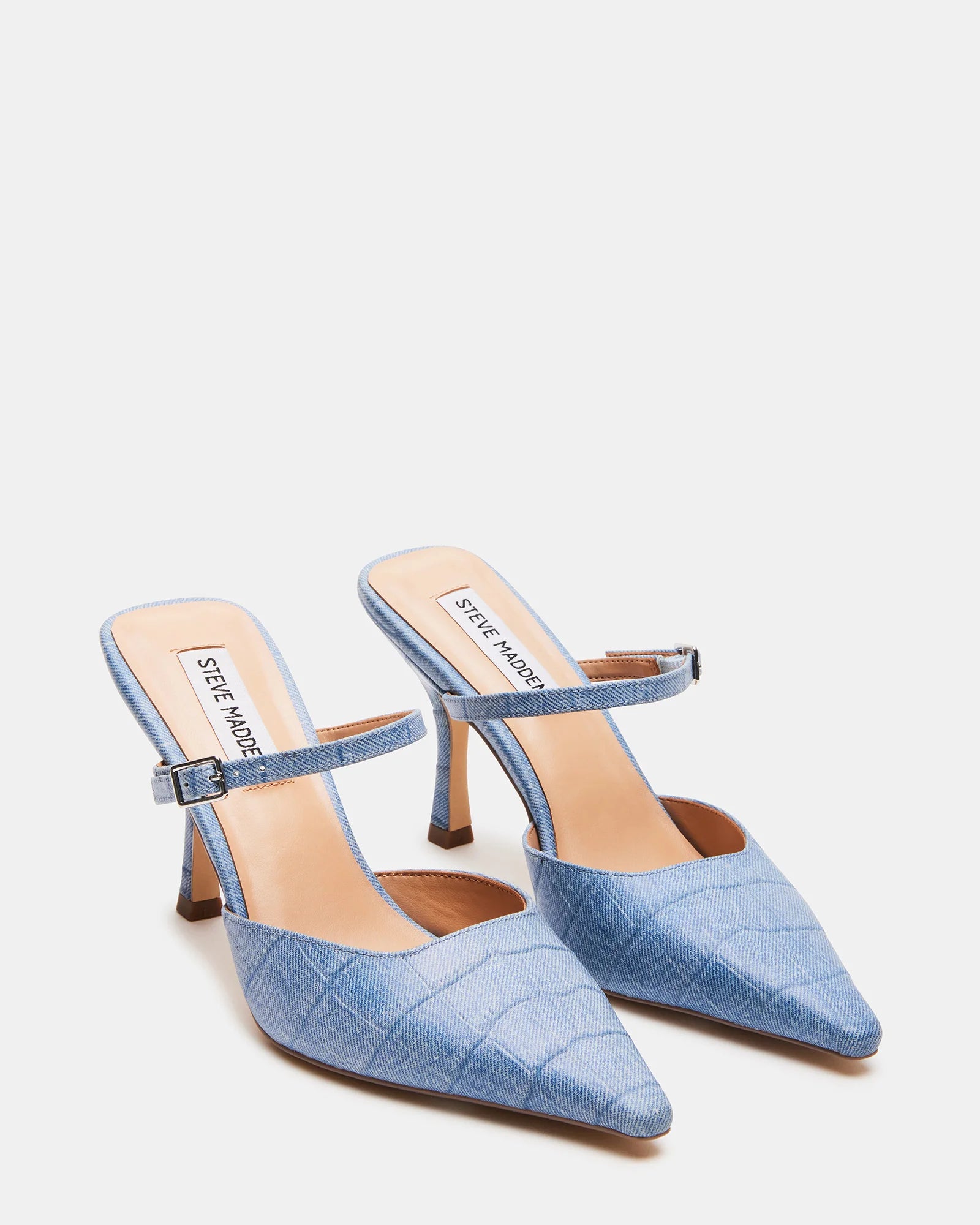 STEVE MADDEN POINTED TOE DENIM-ILLUSION HEELS IN BLUE