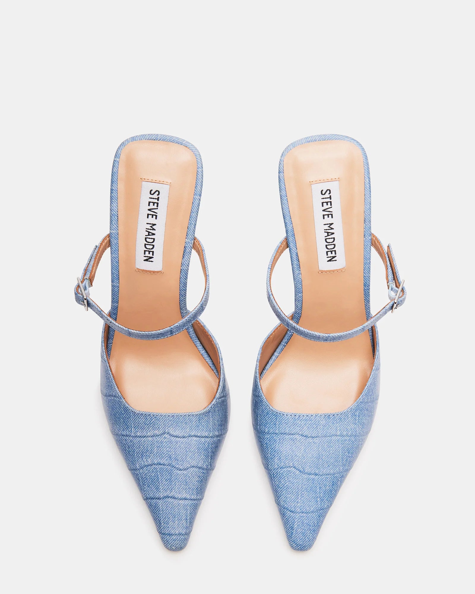 STEVE MADDEN POINTED TOE DENIM-ILLUSION HEELS IN BLUE