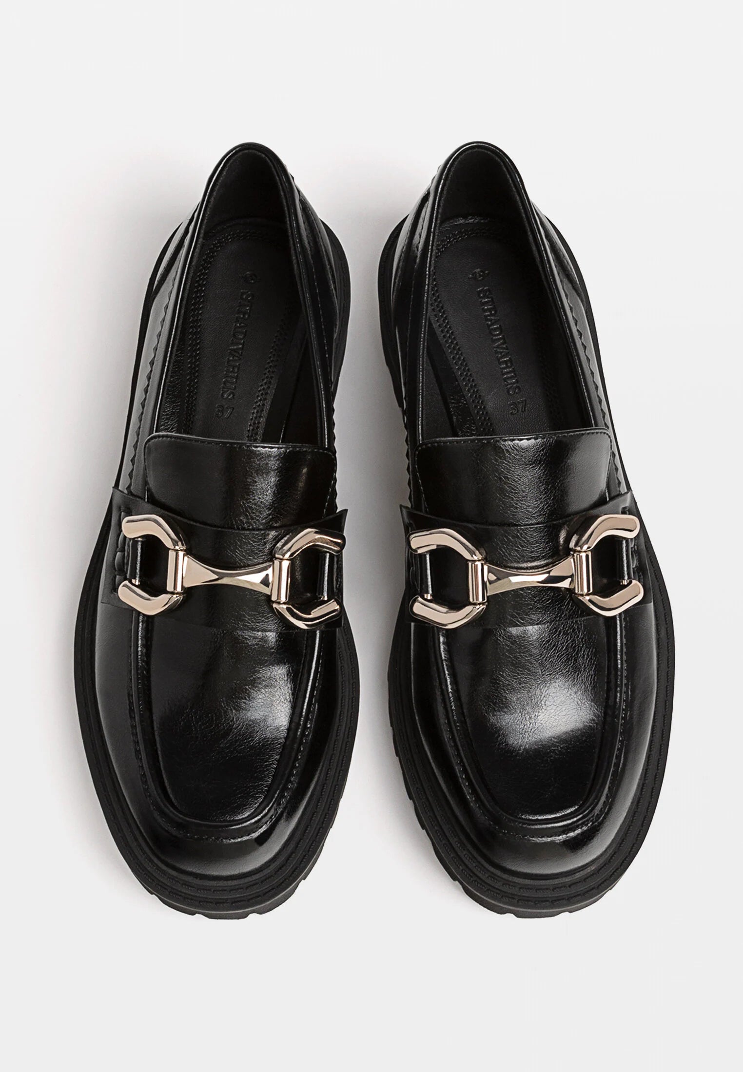 STRADIVARIUS BLACK BUCKLE DETAIL CHUNKY SHOES IN BLACK