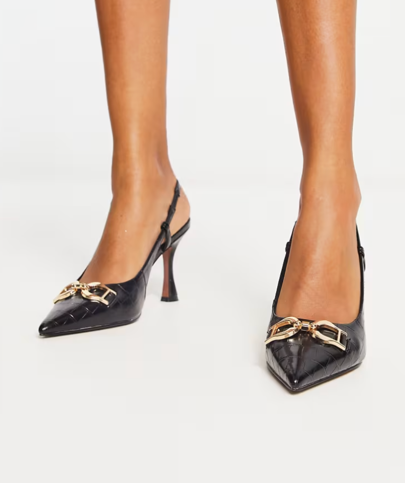 ASOS FAUX CROC DETAIL MID HEEL SLINGBACKS IN BLACK