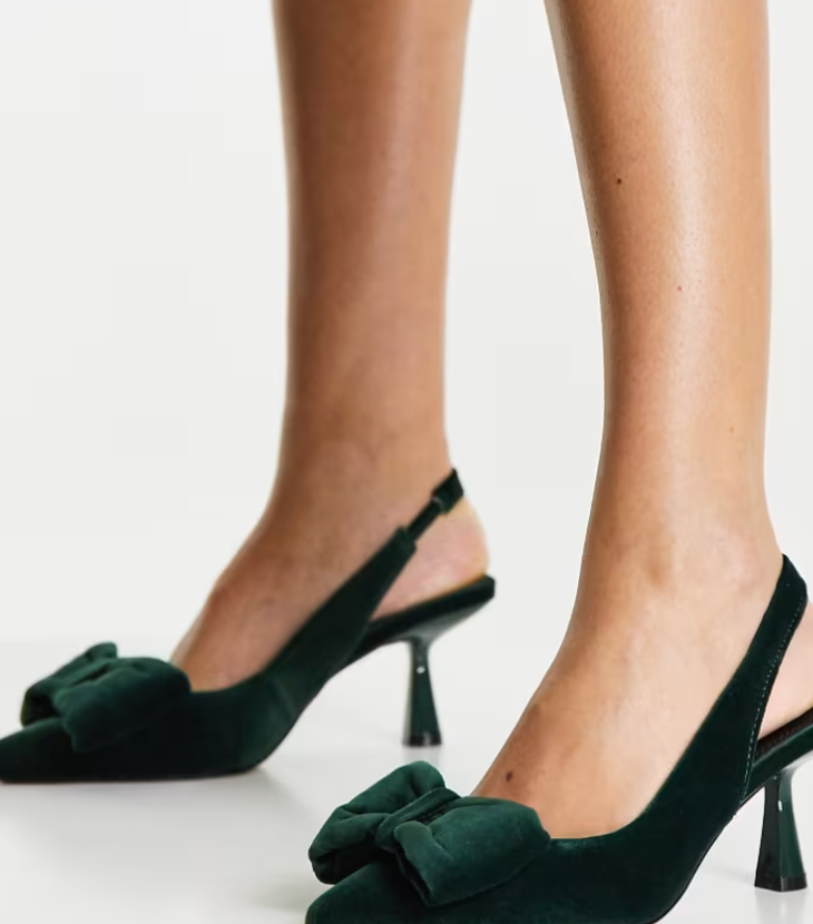 ASOS SCARLET VELVET BOW SLINGBACKS IN GREEN