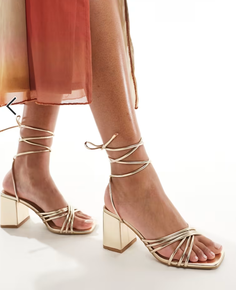 TRUFFLE COLLECTION BLOCK HEEL ANKLE TIE SANDAL IN GOLD