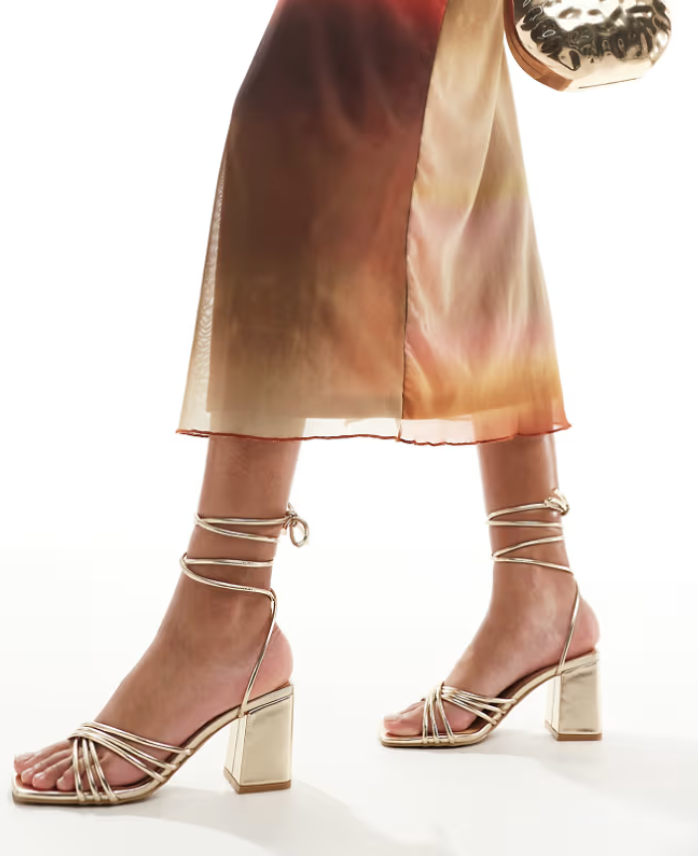 TRUFFLE COLLECTION BLOCK HEEL ANKLE TIE SANDAL IN GOLD