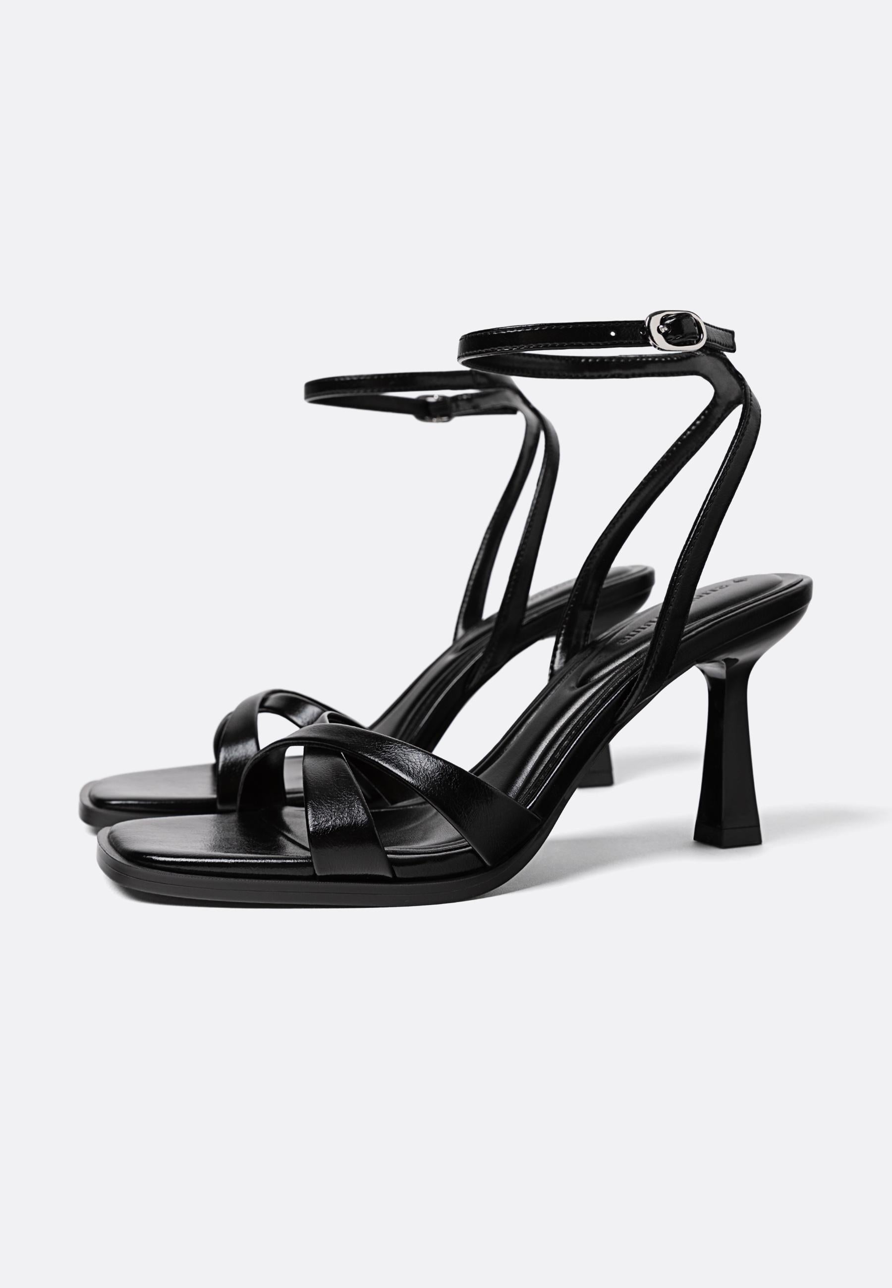 Stradivarius Cross Strap Heeled Sandal in Black