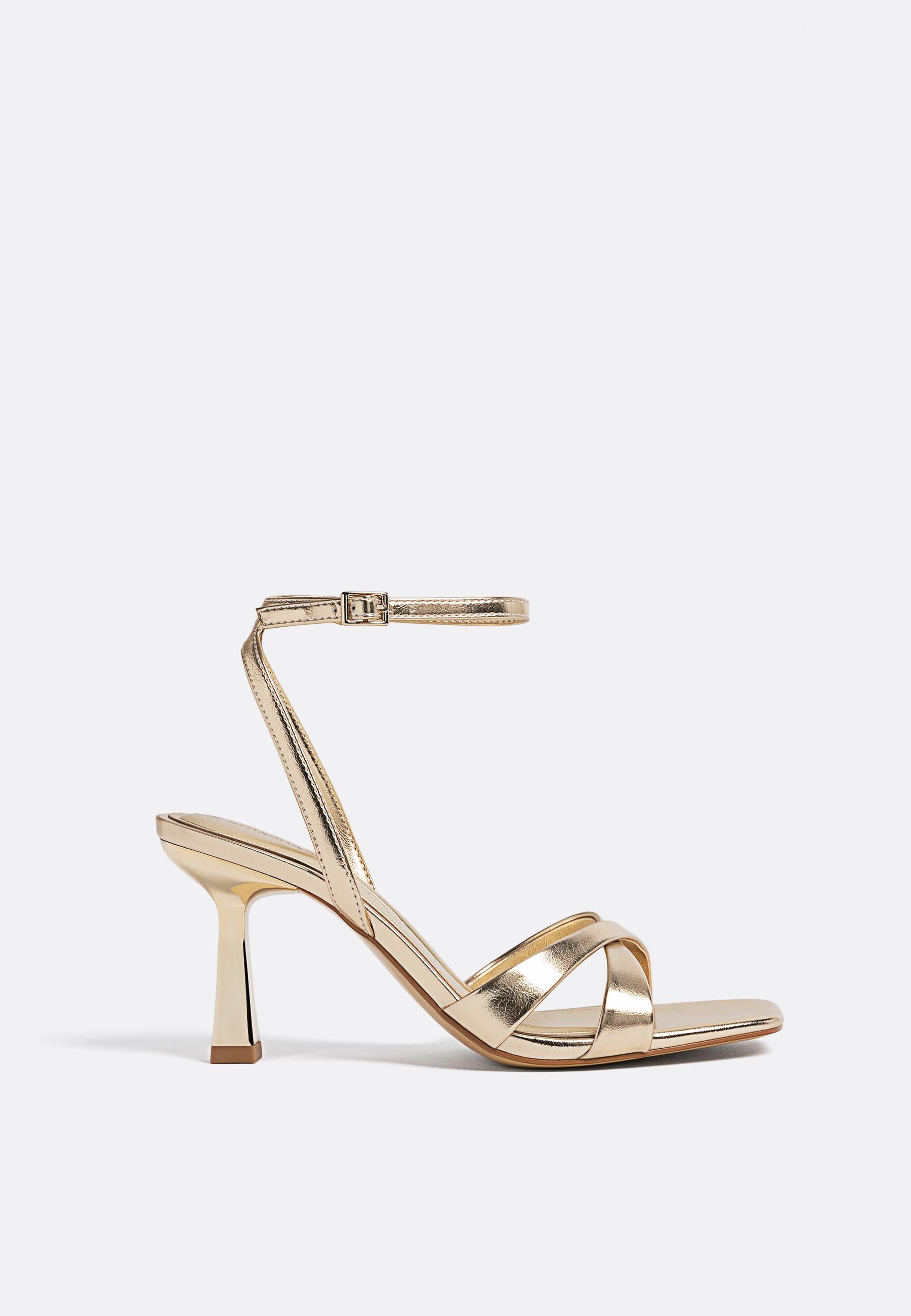 Stradivarius Cross Strap Heeled Sandal in Gold