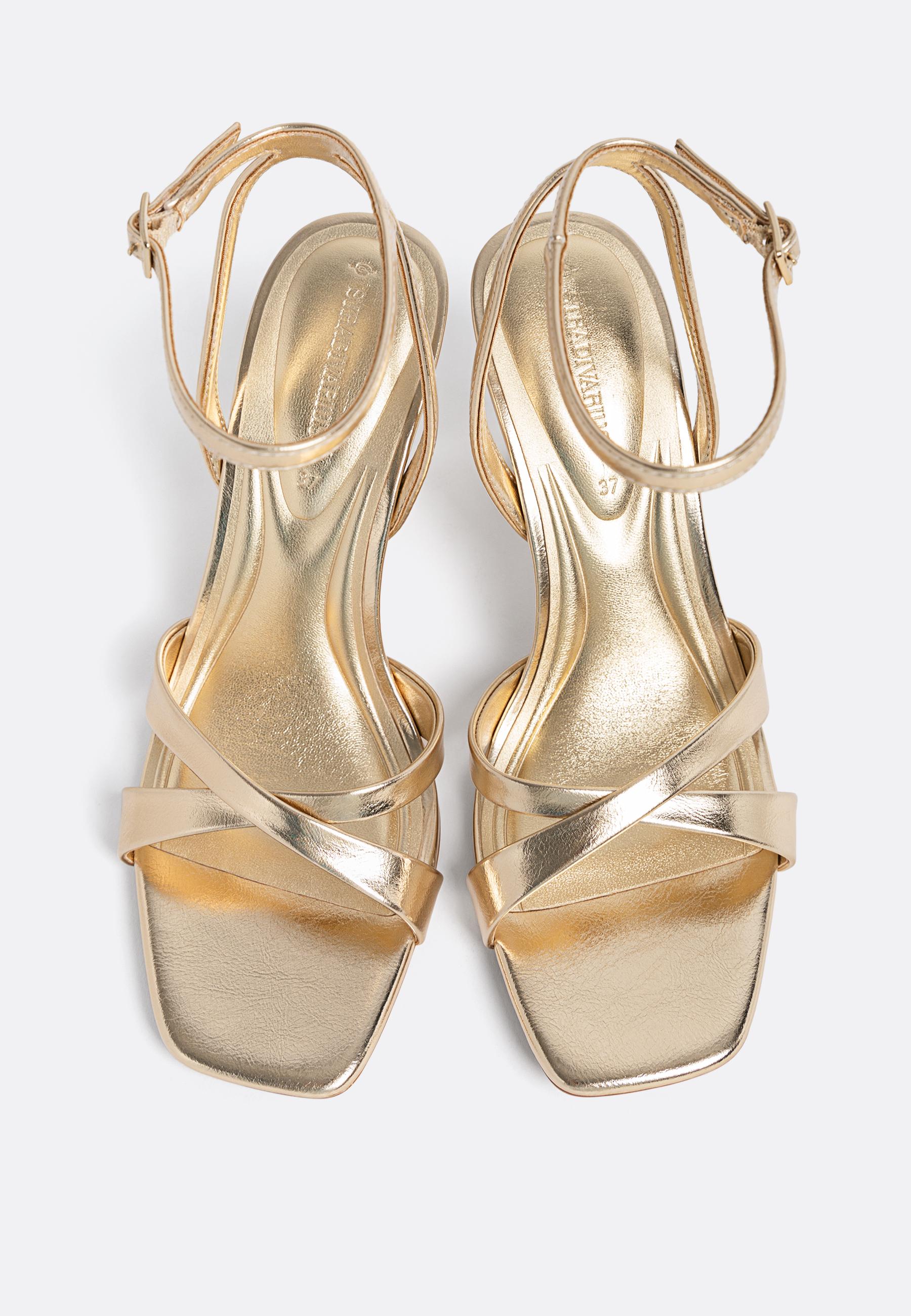 Stradivarius Cross Strap Heeled Sandal in Gold
