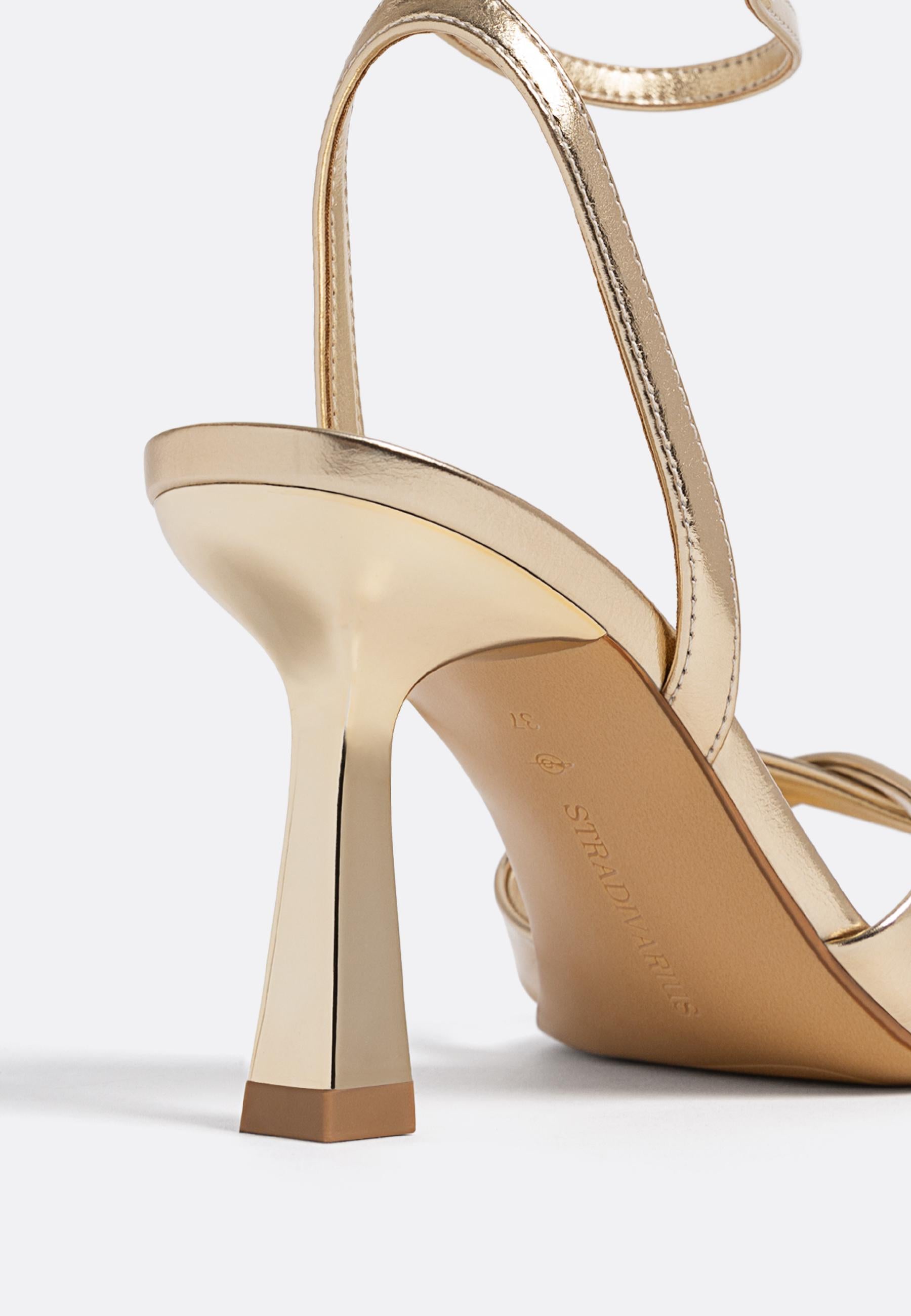Stradivarius Cross Strap Heeled Sandal in Gold