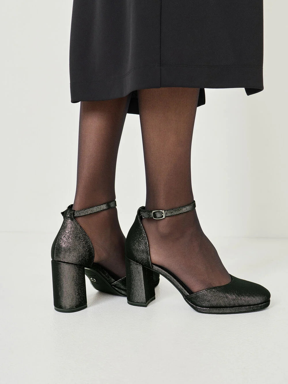 Tamaris Silver Shimmer Almond Toe D'orsay Block Heel Pump in Black