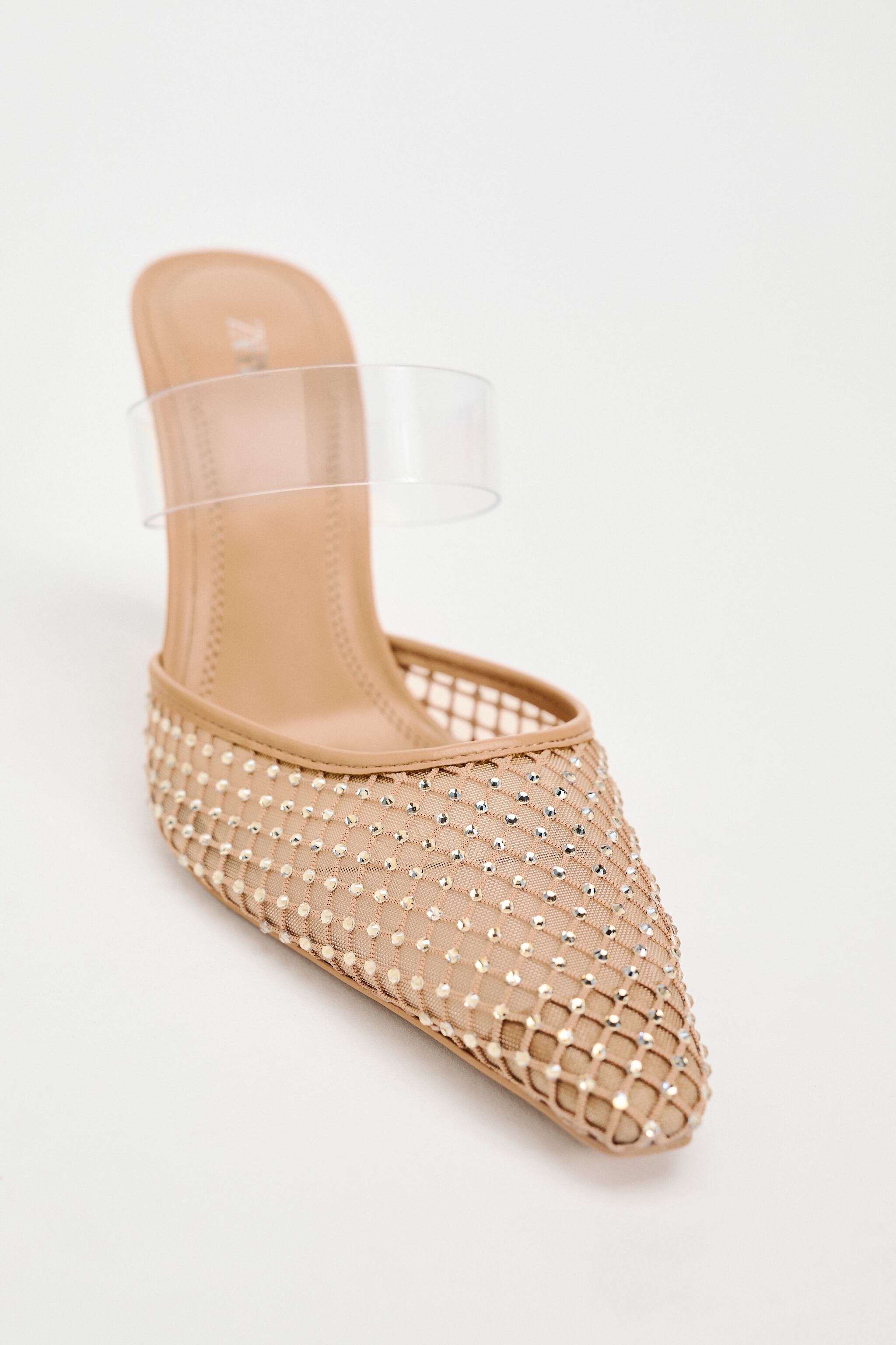 ZARA EMBELLISHED MESH VINYL STRAP MULE IN NUDE