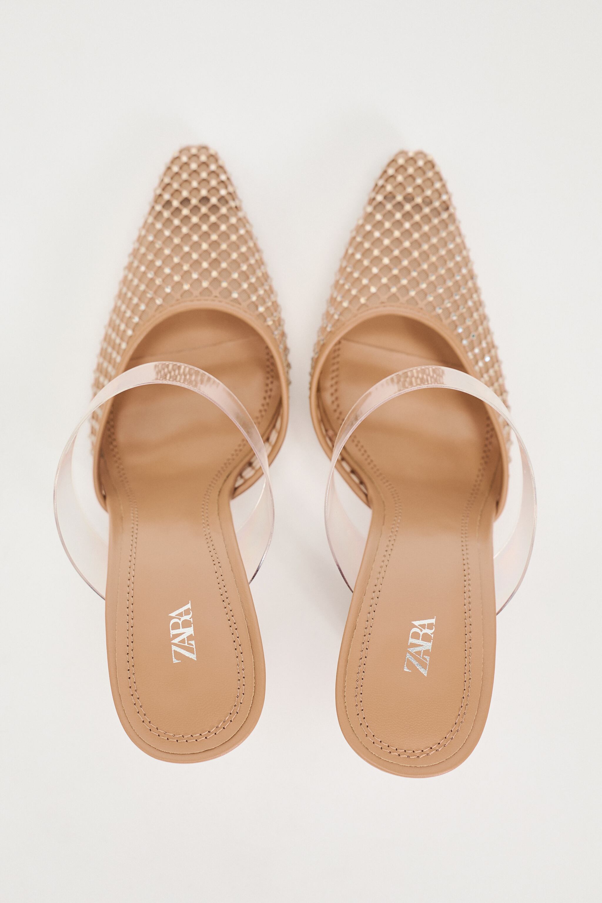 ZARA EMBELLISHED MESH VINYL STRAP MULE IN NUDE