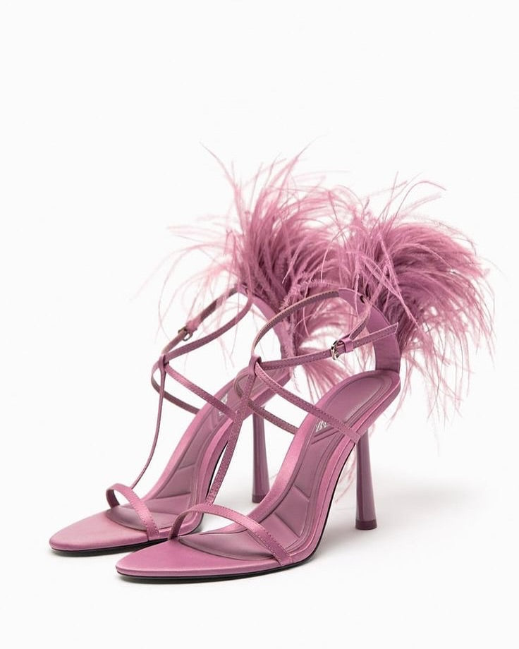 ZARA FEATHER DETAIL HEEELED SANDAL IN MULBERRY