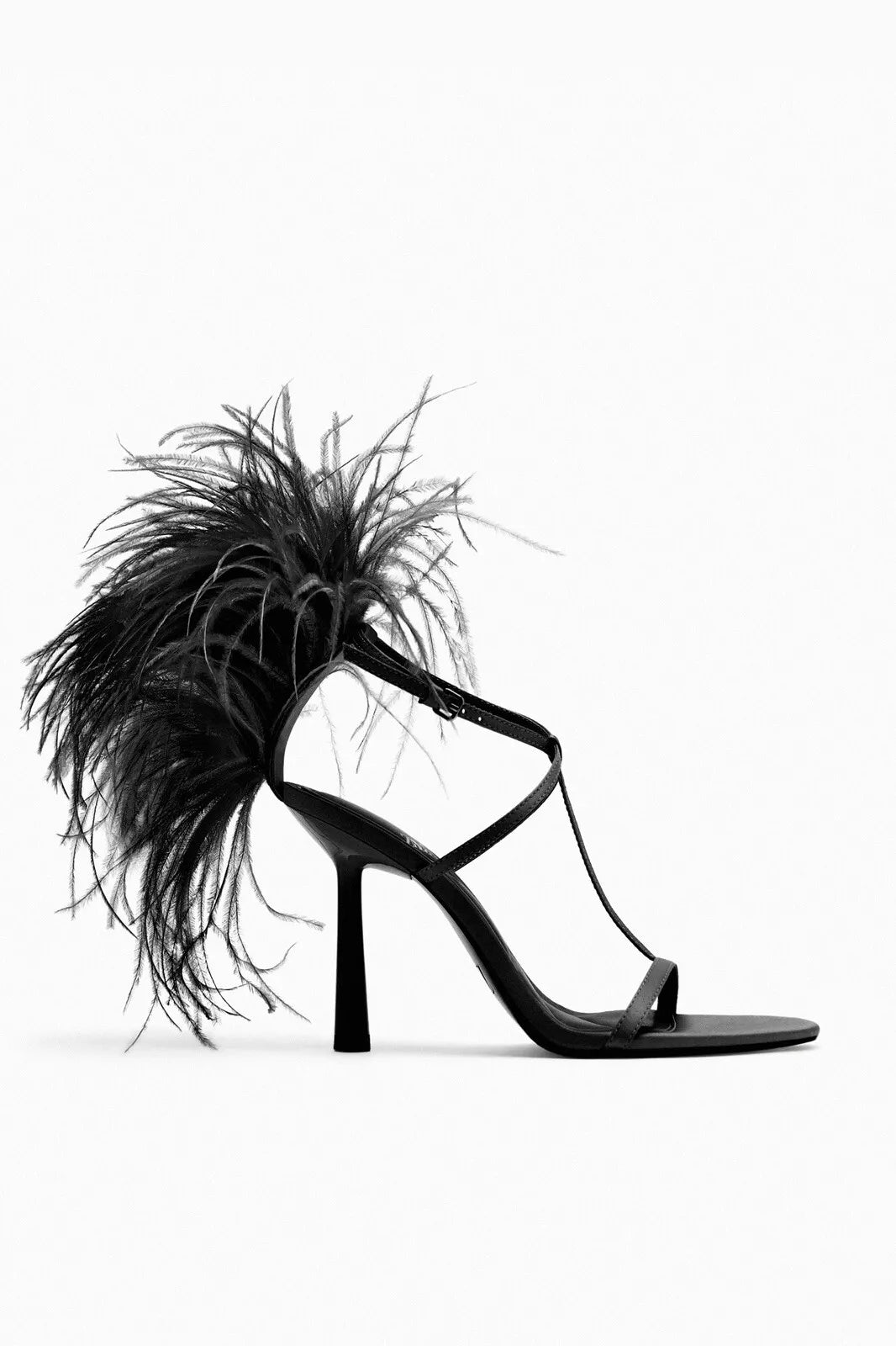 ZARA FEATHER DETAIL HEEELED SANDAL IN BLACK